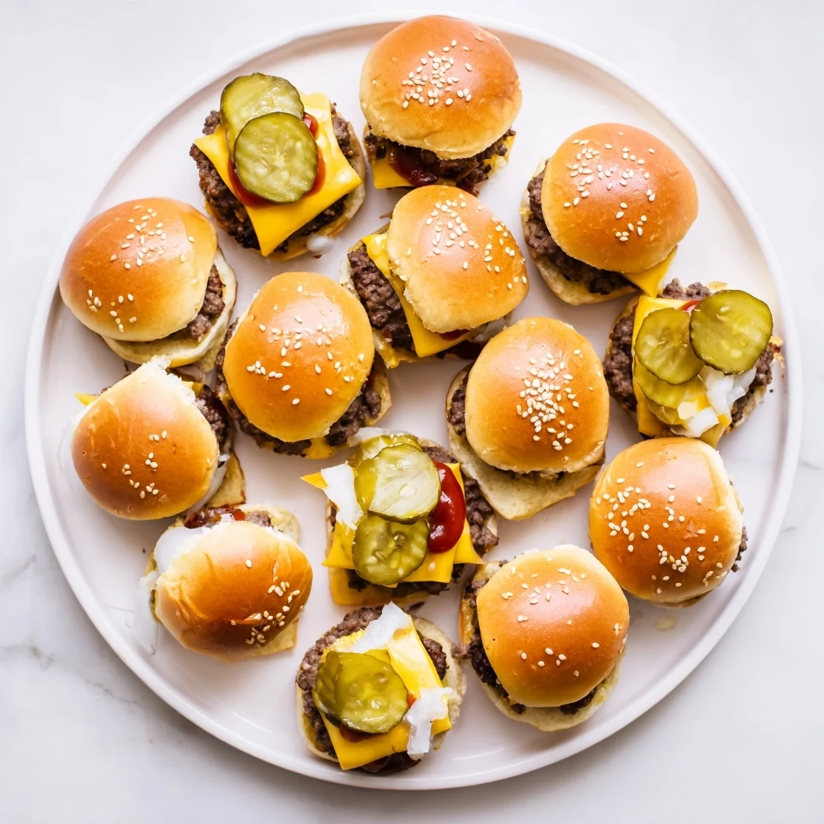 Golden-brown White Trash Sliders topped with ketchup, mustard, and sesame seeds on a platter.
