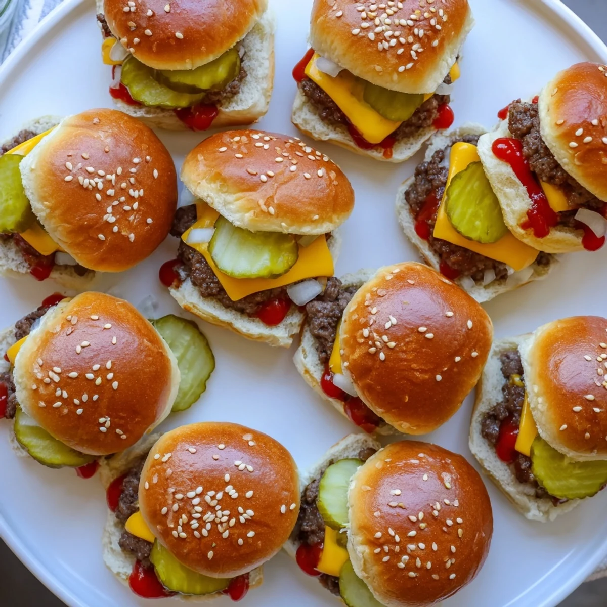 Warm White Trash Sliders stacked high, served with extra pickles and mustard for dipping.