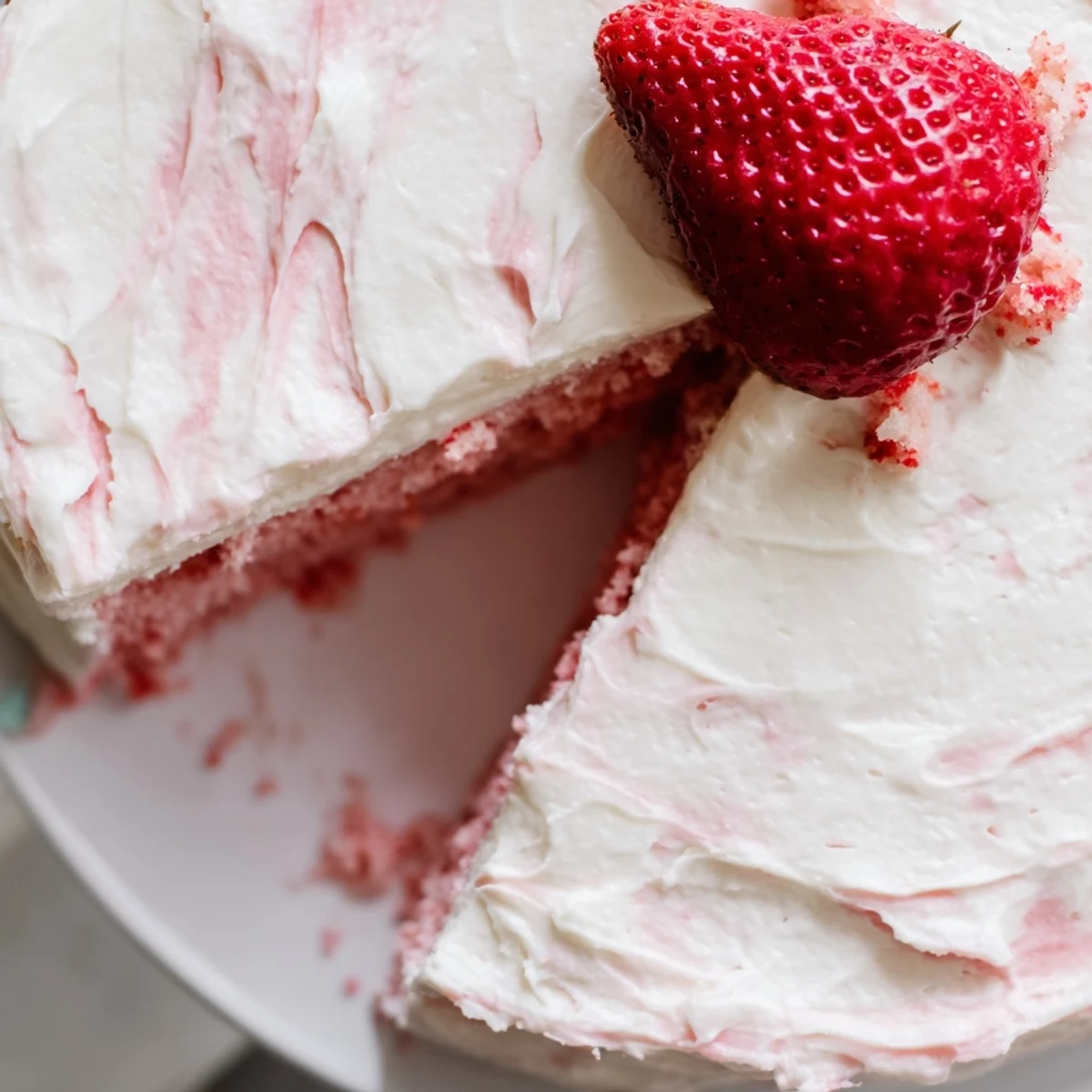 A close-up of Strawberry Velvet Cake slices on a white plate, showing moist pink crumb and creamy cream cheese frosting with fresh strawberry garnish.