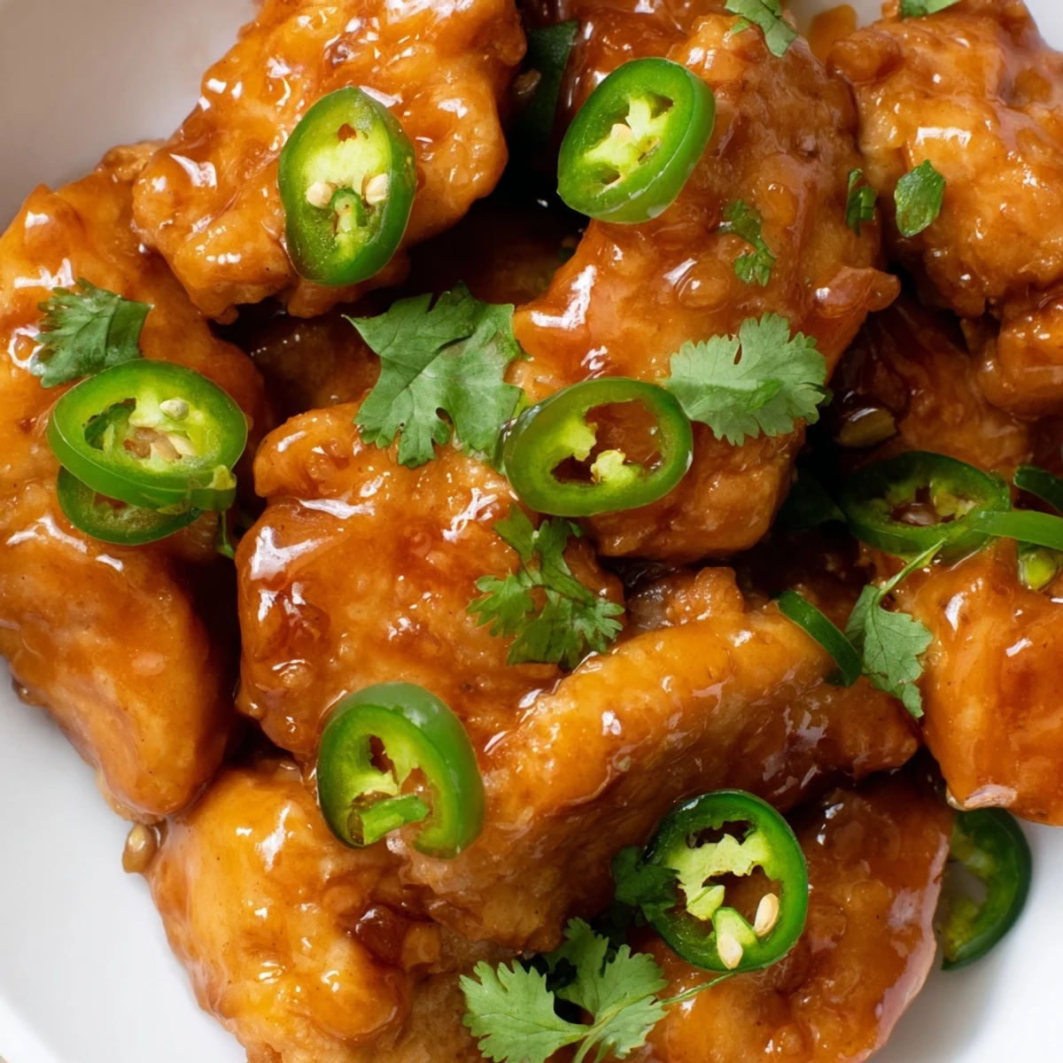 Juicy chicken breasts coated in a sweet and spicy jalapeño peach glaze on a rustic plate.