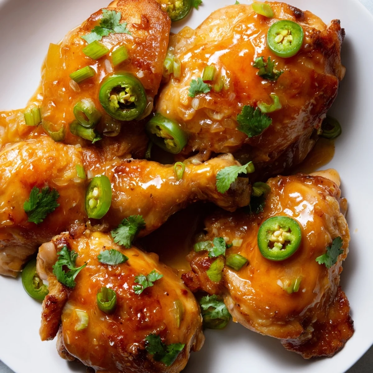 Golden baked chicken with jalapeño peach glaze, perfect for a summer dinner with rice.