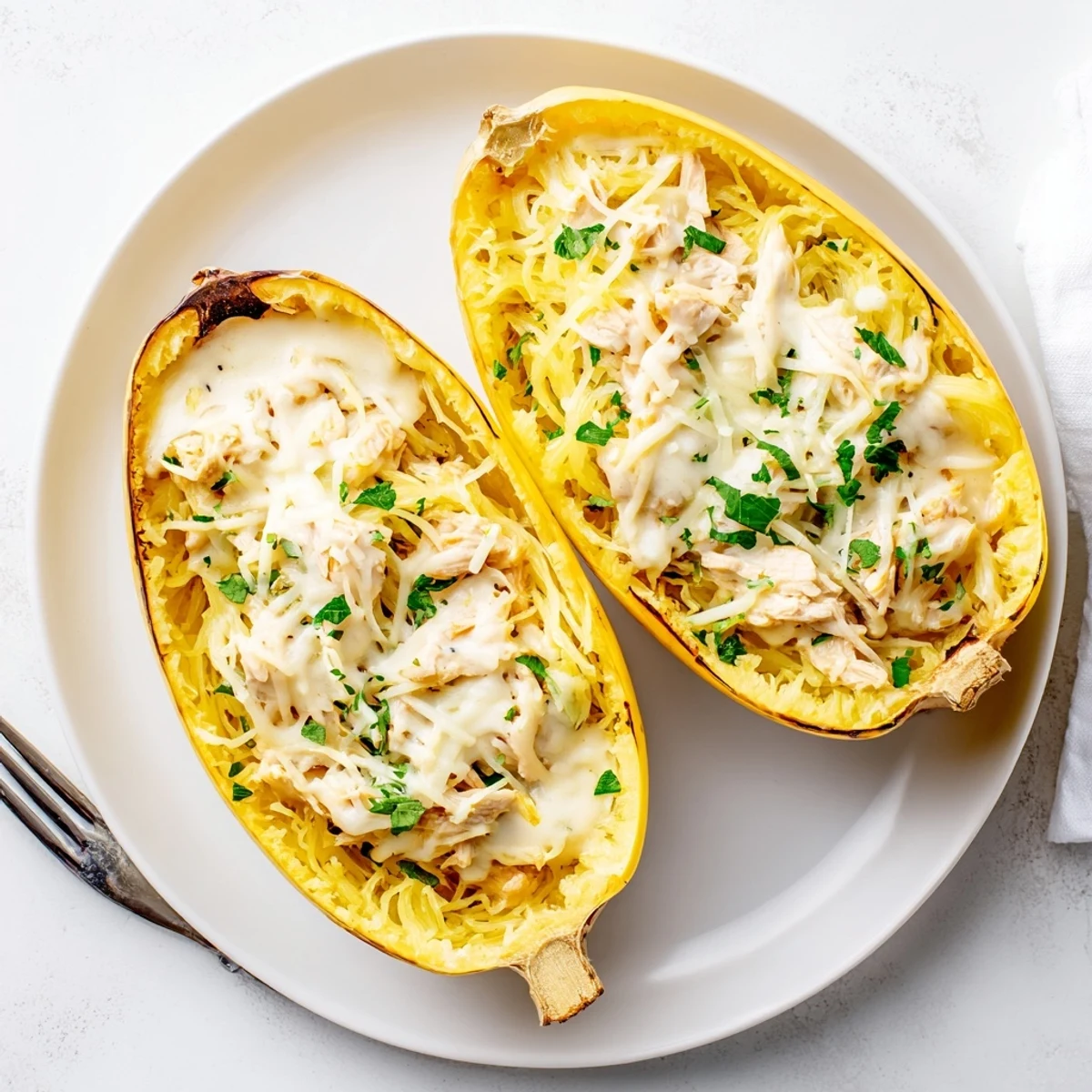 Roasted spaghetti squash boats filled with creamy Alfredo chicken and melted cheese for a comforting meal.
