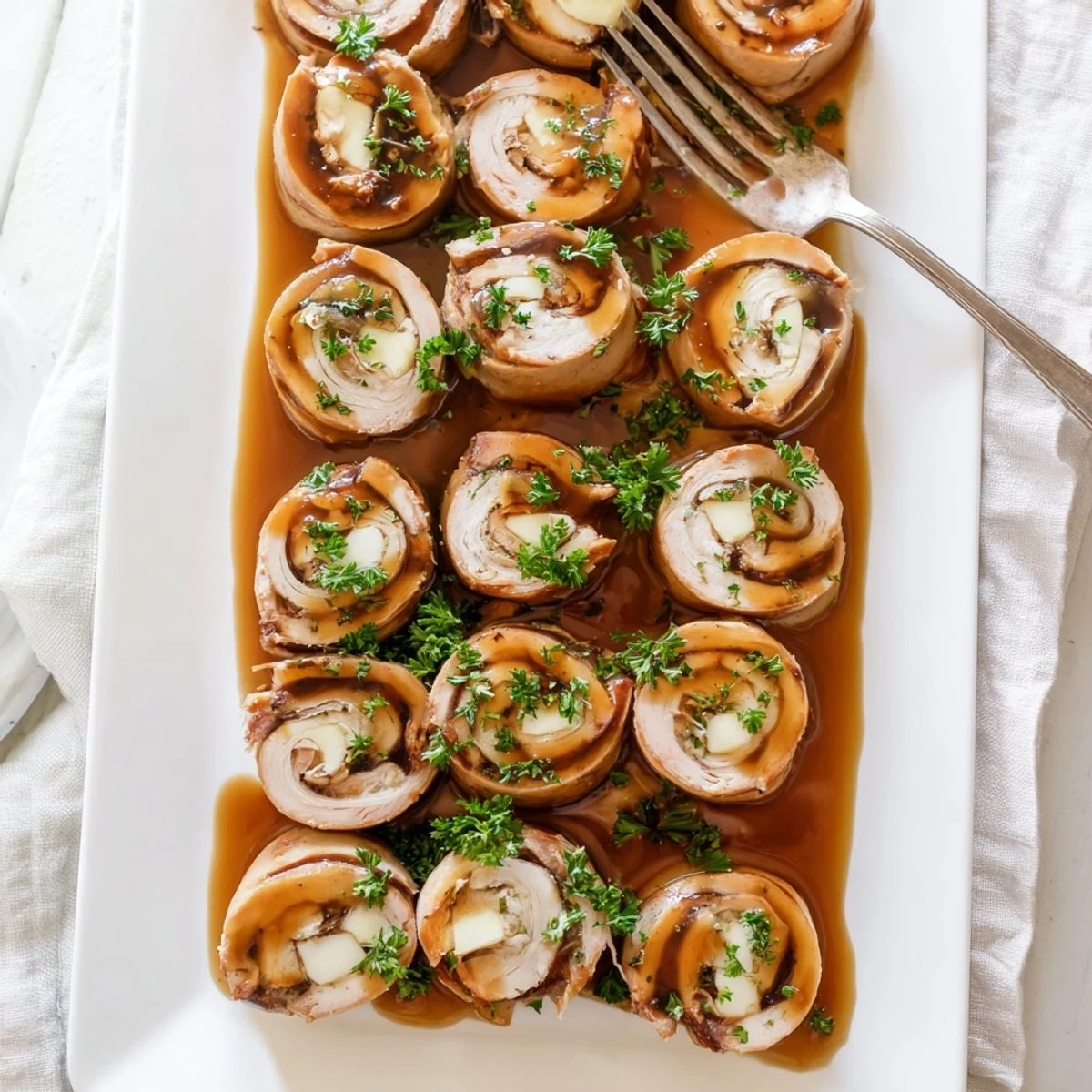 Golden-brown Flavor-Packed Turkey Roll-Ups with Stuffing sit in a white baking dish, oozing melted cheese.