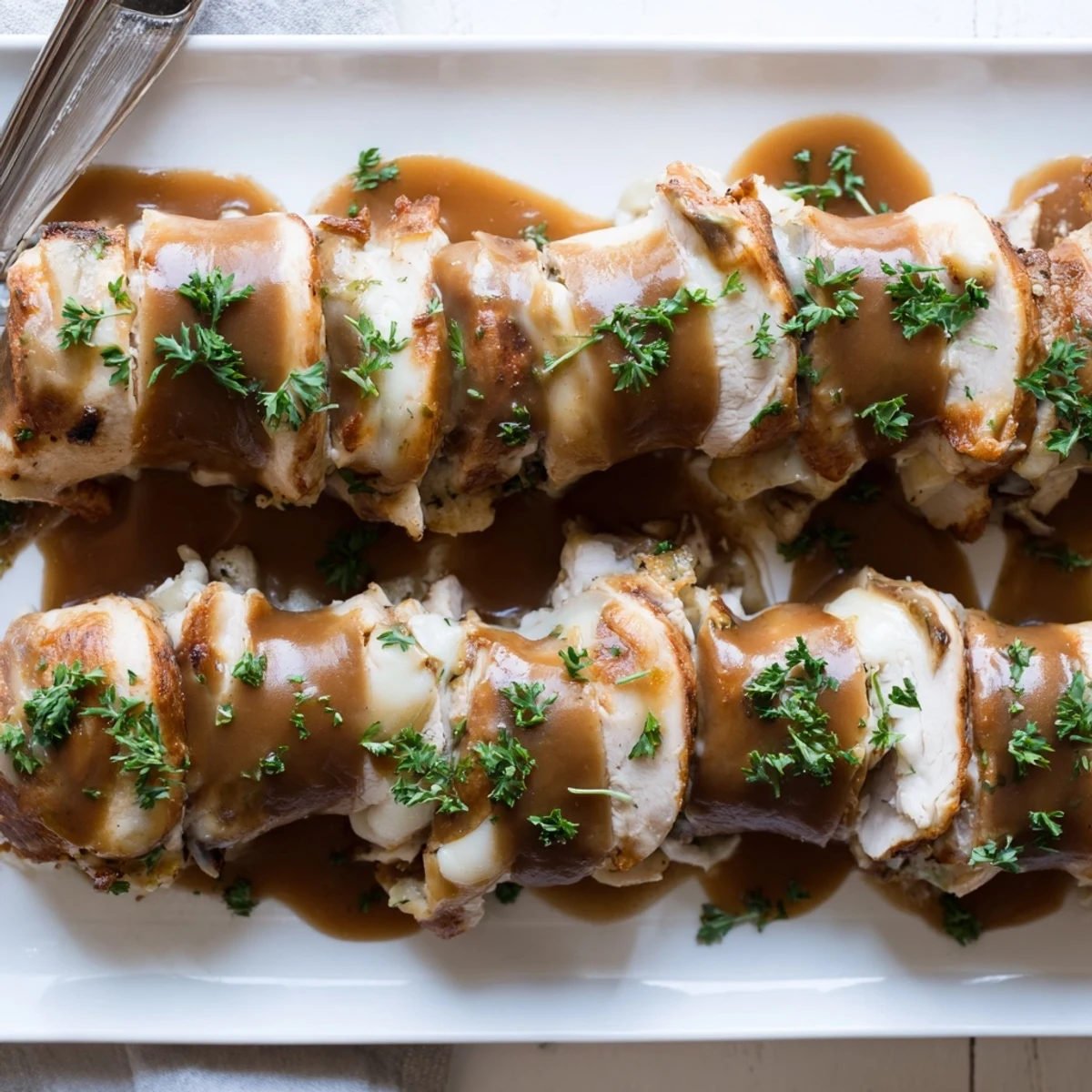 Freshly baked Flavor-Packed Turkey Roll-Ups with Stuffing sliced open to reveal juicy turkey and herbaceous stuffing.