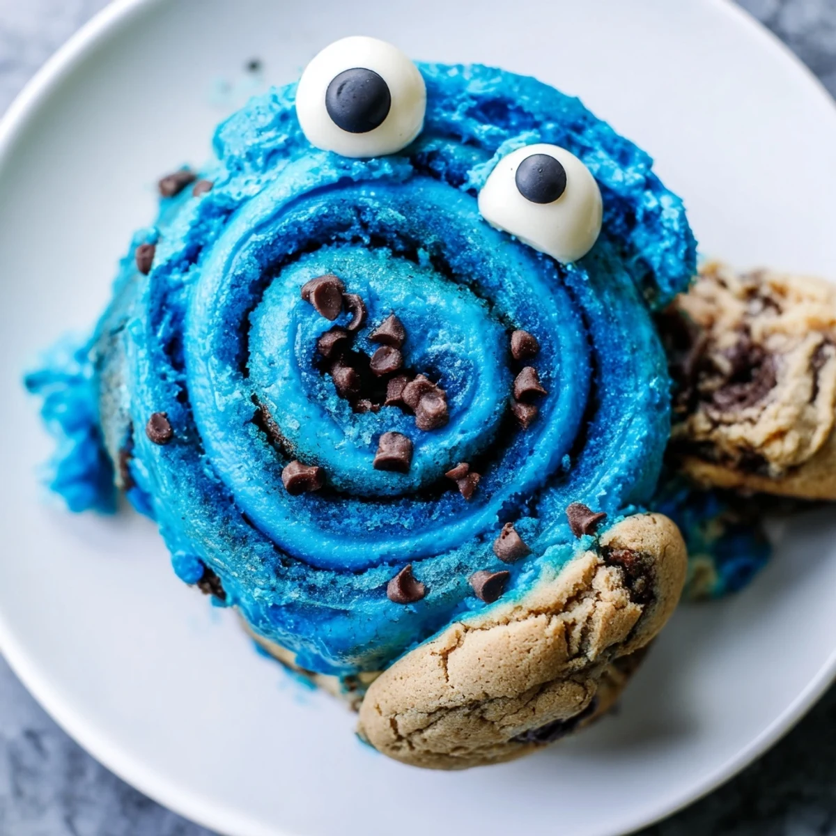 Close-up of warm Cookie Monster Cinnamon Rolls topped with cream cheese frosting and adorable cookie eyes.  