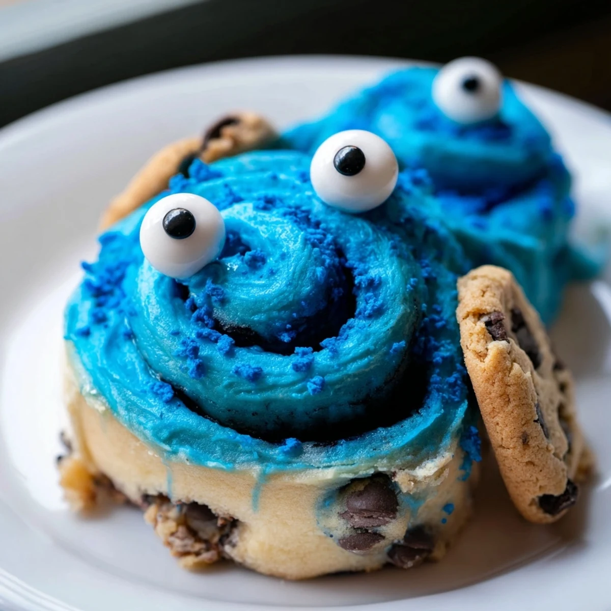 A tray of fluffy blue Cookie Monster Cinnamon Rolls, perfect for a fun family breakfast treat.