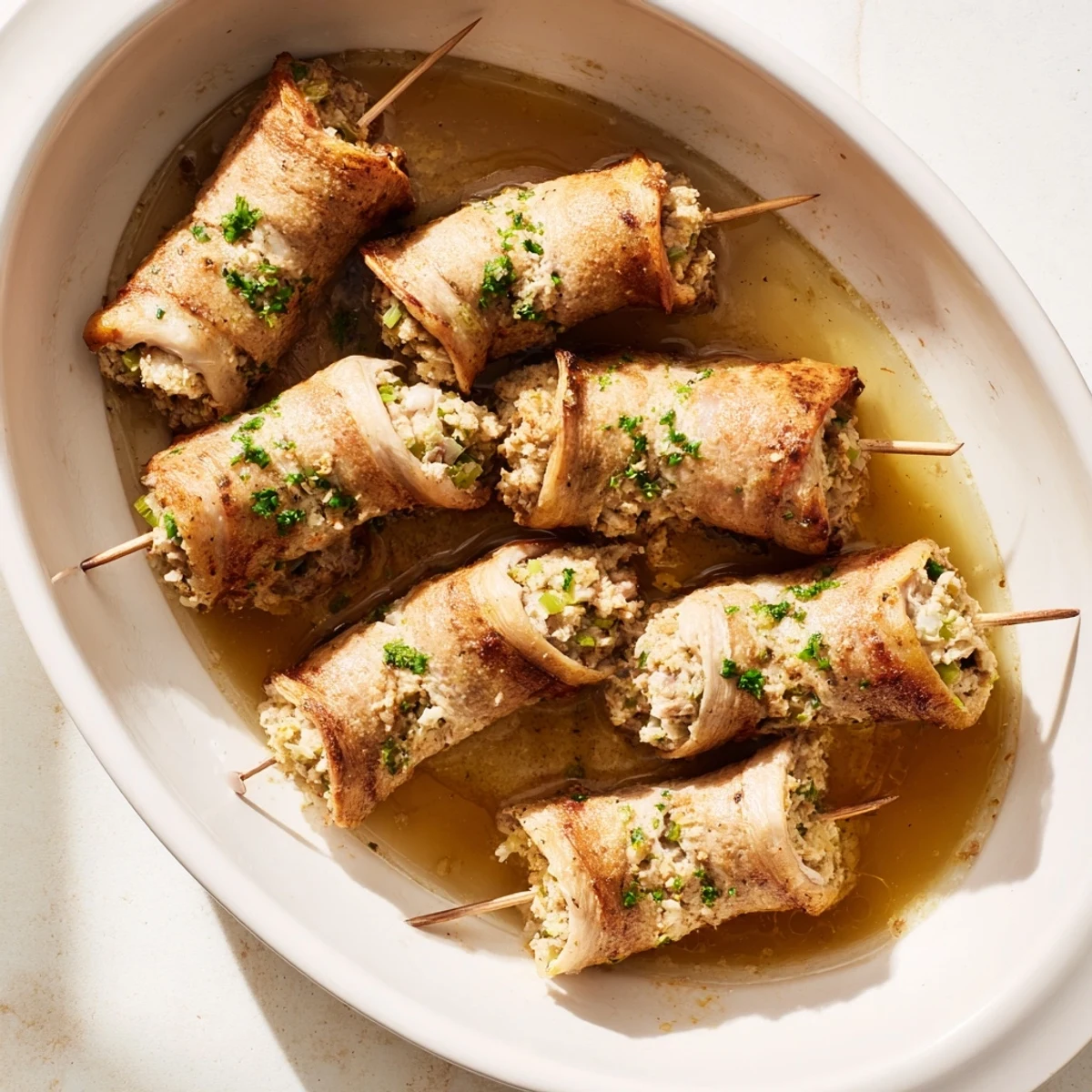 Savory Flavor-Packed Turkey Roll Ups with Stuffing baked until golden, served on a white plate with herbs.