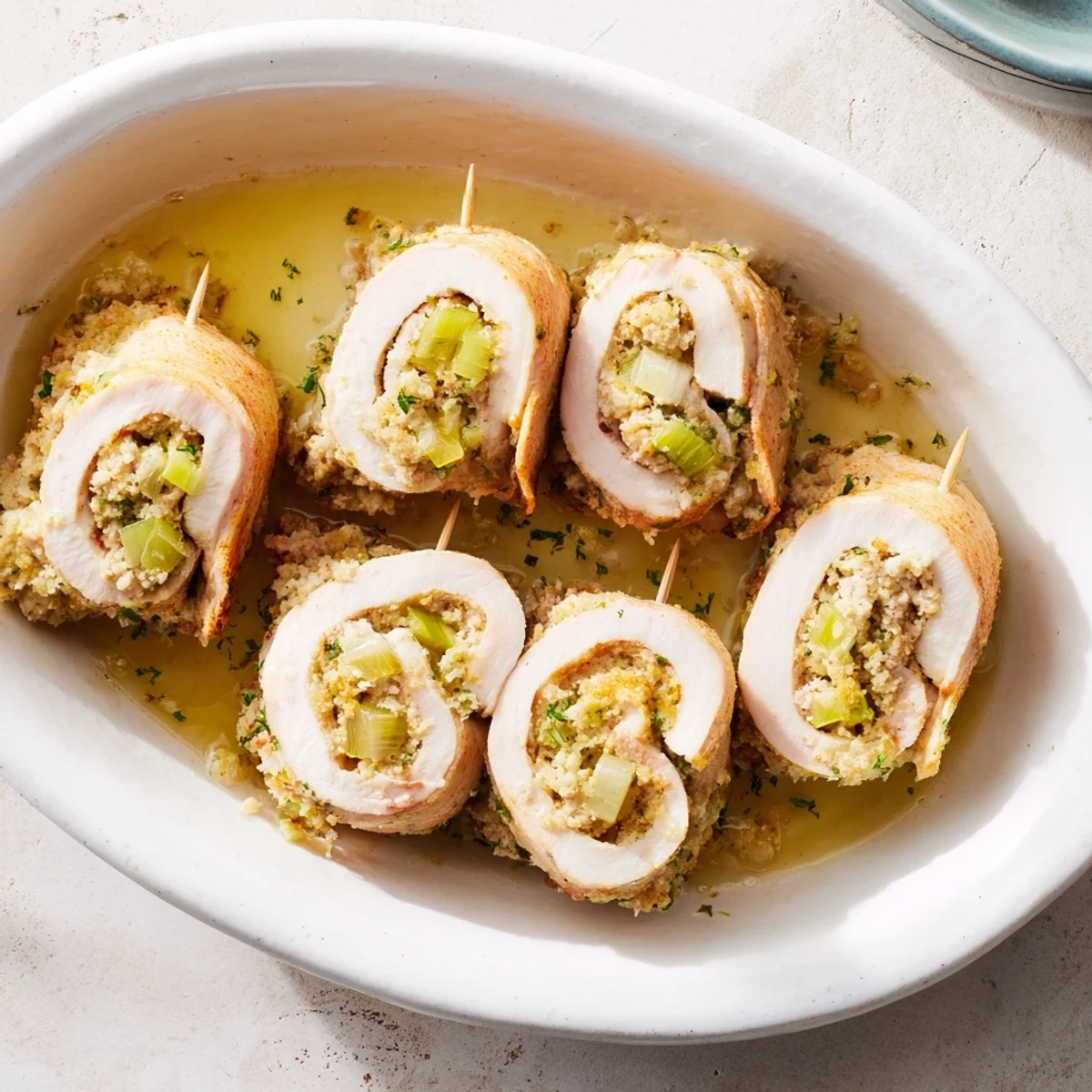 Warm Flavor-Packed Turkey Roll Ups with Stuffing ready to serve, accompanied by gravy and cranberry sauce in bowls.