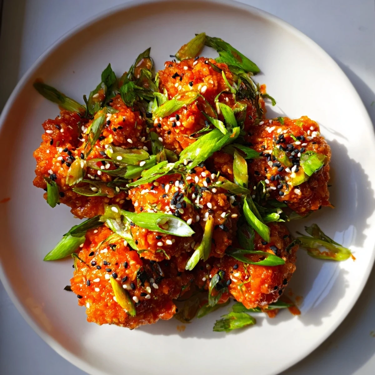 Golden-brown Quick Low Carb Bang Bang Chicken bites glazed in a creamy, spicy orange sauce, garnished with fresh scallions and sesame seeds on a white plate.