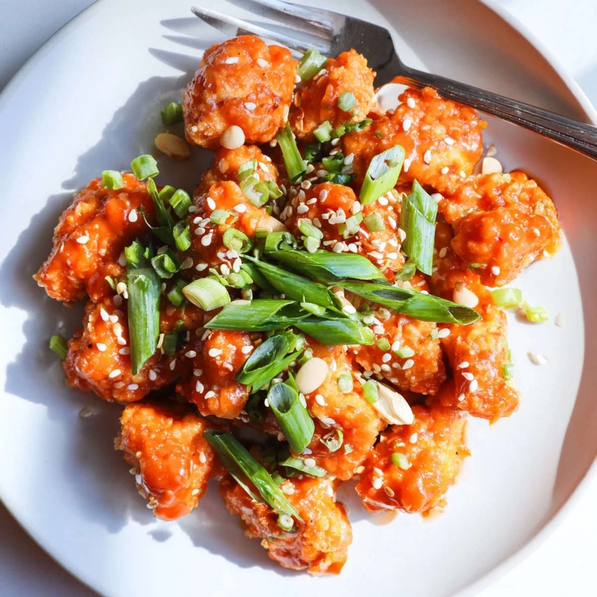 Appetizing Quick Low Carb Bang Bang Chicken served in a shallow bowl with sesame seeds and chopped scallions, perfect for a low-carb weeknight dinner.
