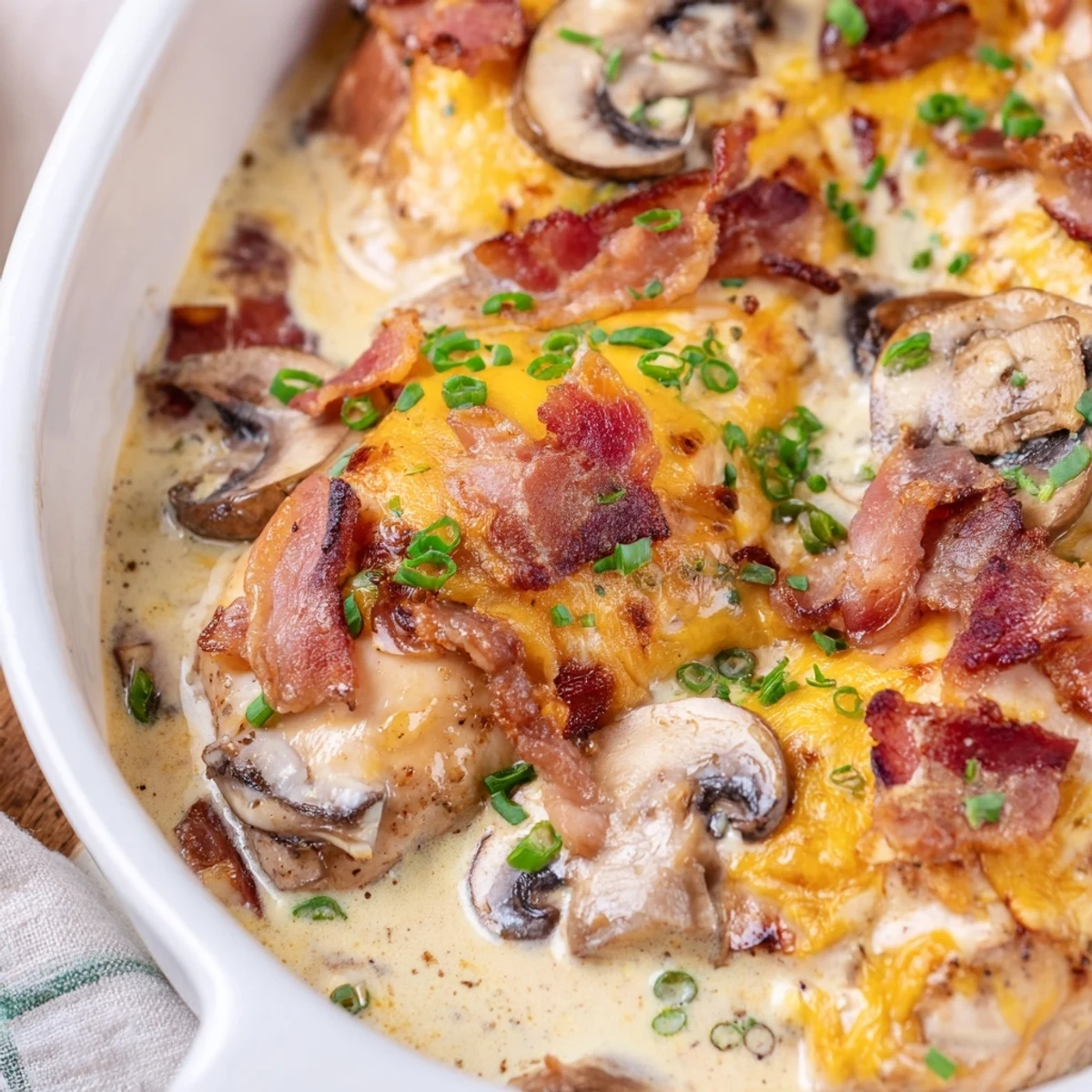 A close-up of Mississippi Mud Chicken in a cast-iron skillet, featuring tender chicken breasts coated in a creamy mushroom and bacon sauce, melted cheddar and mozzarella, and garnished with fresh green onions and parsley.