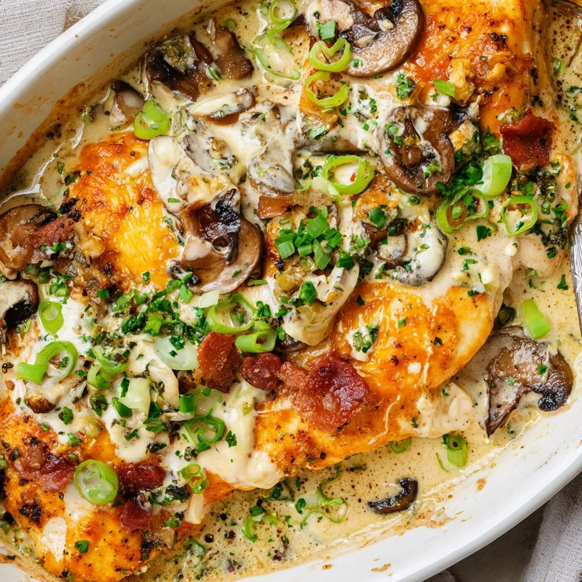 Overhead view of Mississippi Mud Chicken baking in the oven, showing golden, bubbling cheese and a rich, dark sauce with mushrooms and bacon, ready for a hearty family dinner.