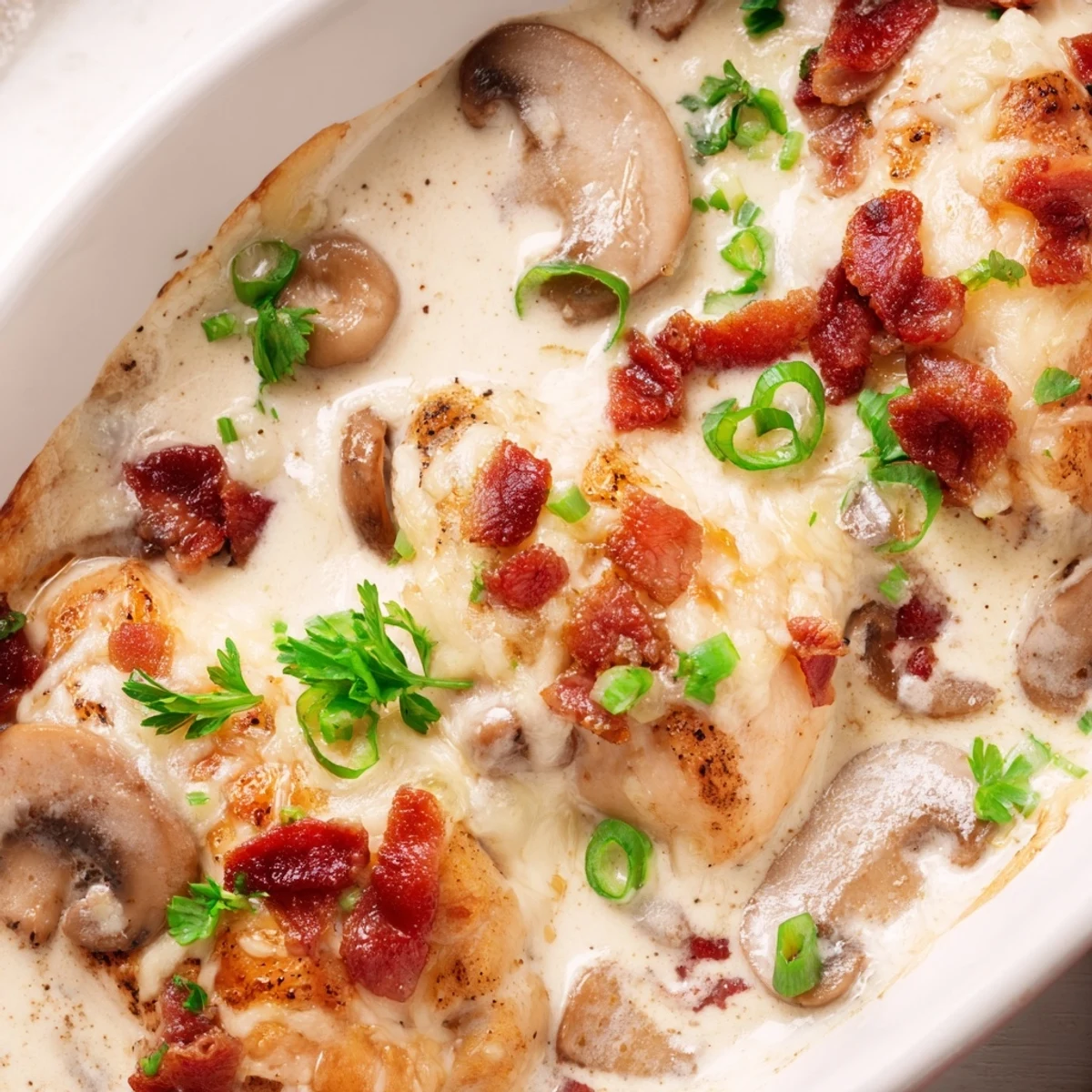 Serving suggestion for Mississippi Mud Chicken plated over fluffy white rice with a side of steamed green beans, highlighting the rich, bubbly cheese and savory bacon topping from this Southern-inspired recipe.