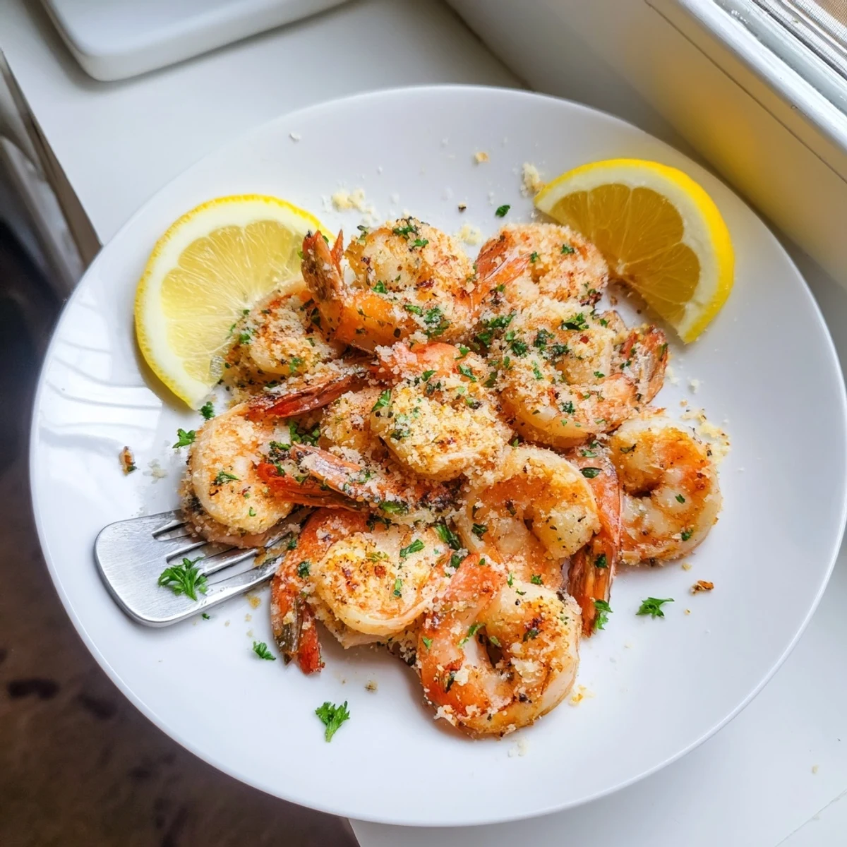 Golden-brown Air Fryer Garlic Parmesan Shrimp glistening with herbs and lemon zest, served hot on a white plate.