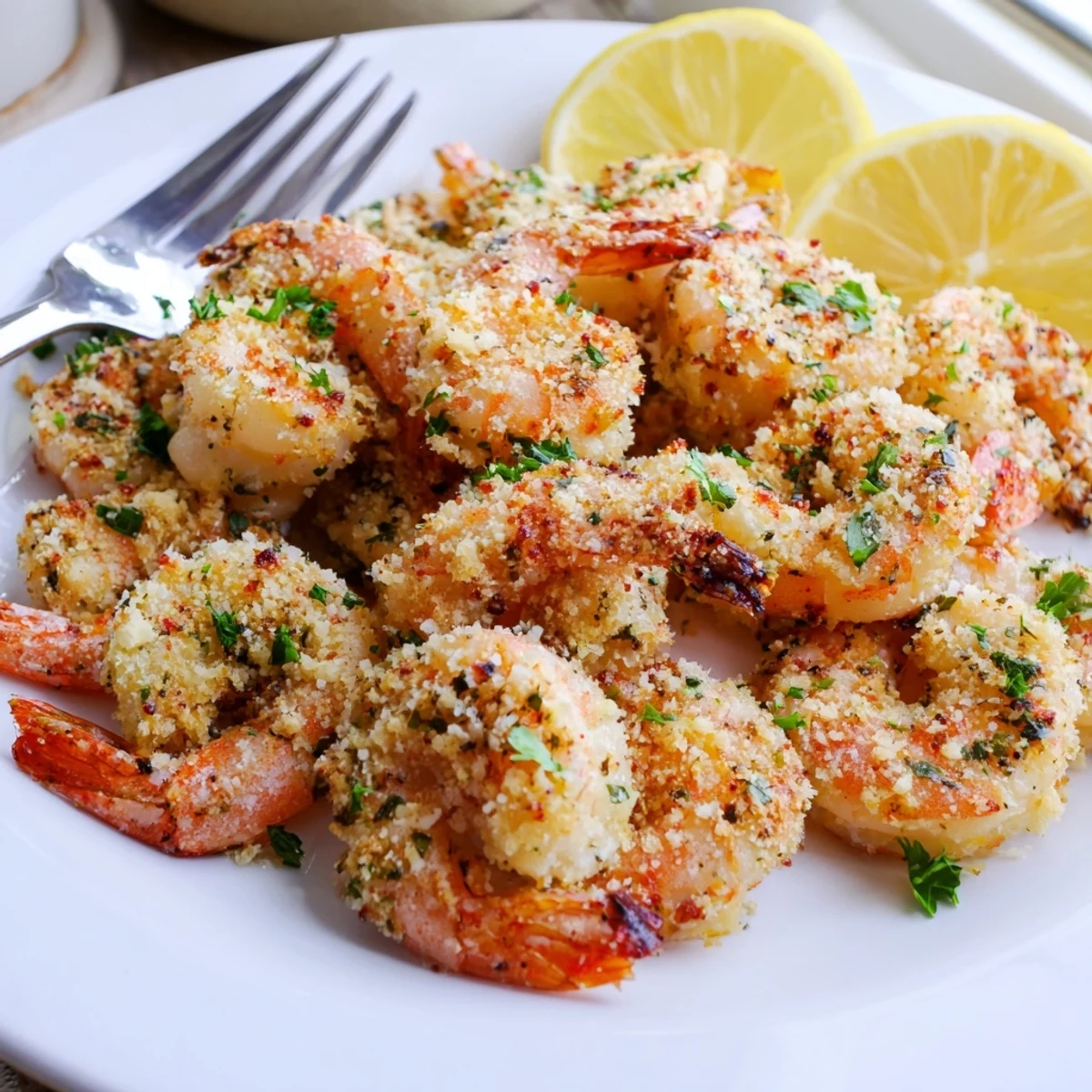 Close-up of crispy Air Fryer Garlic Parmesan Shrimp showing melted Parmesan and garlic pieces, ideal for a low-carb meal.