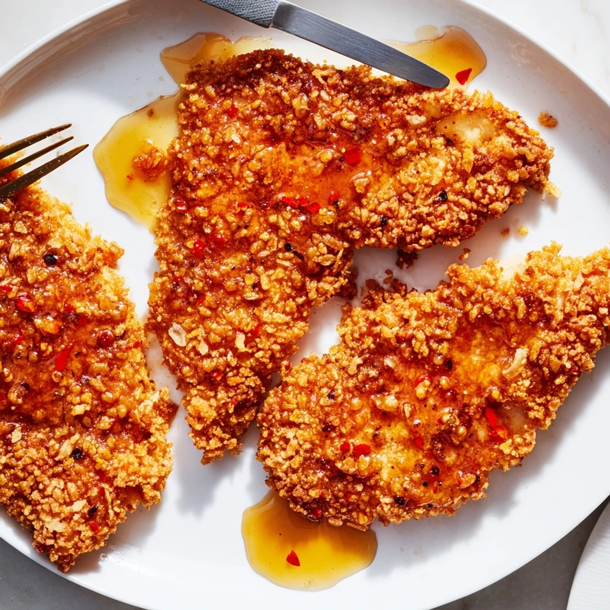 Crispy Baked Crunchy Hot Honey Chicken served on a plate beside creamy coleslaw and tangy pickles.  