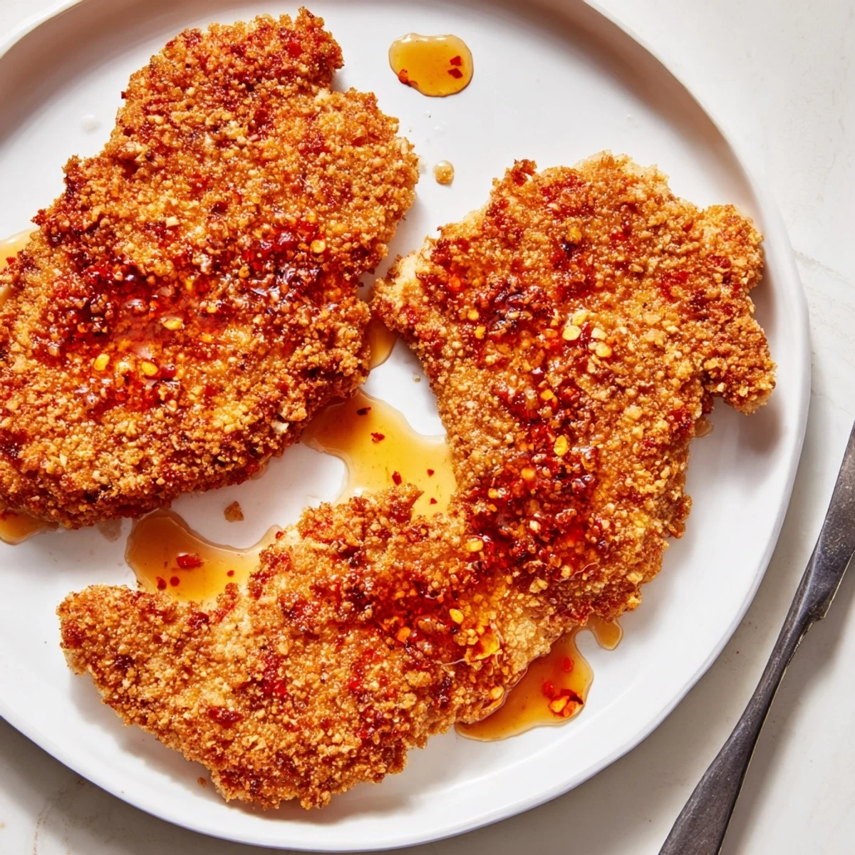 A close-up of Baked Crunchy Hot Honey Chicken revealing a juicy interior and crunchy cornflake coating.