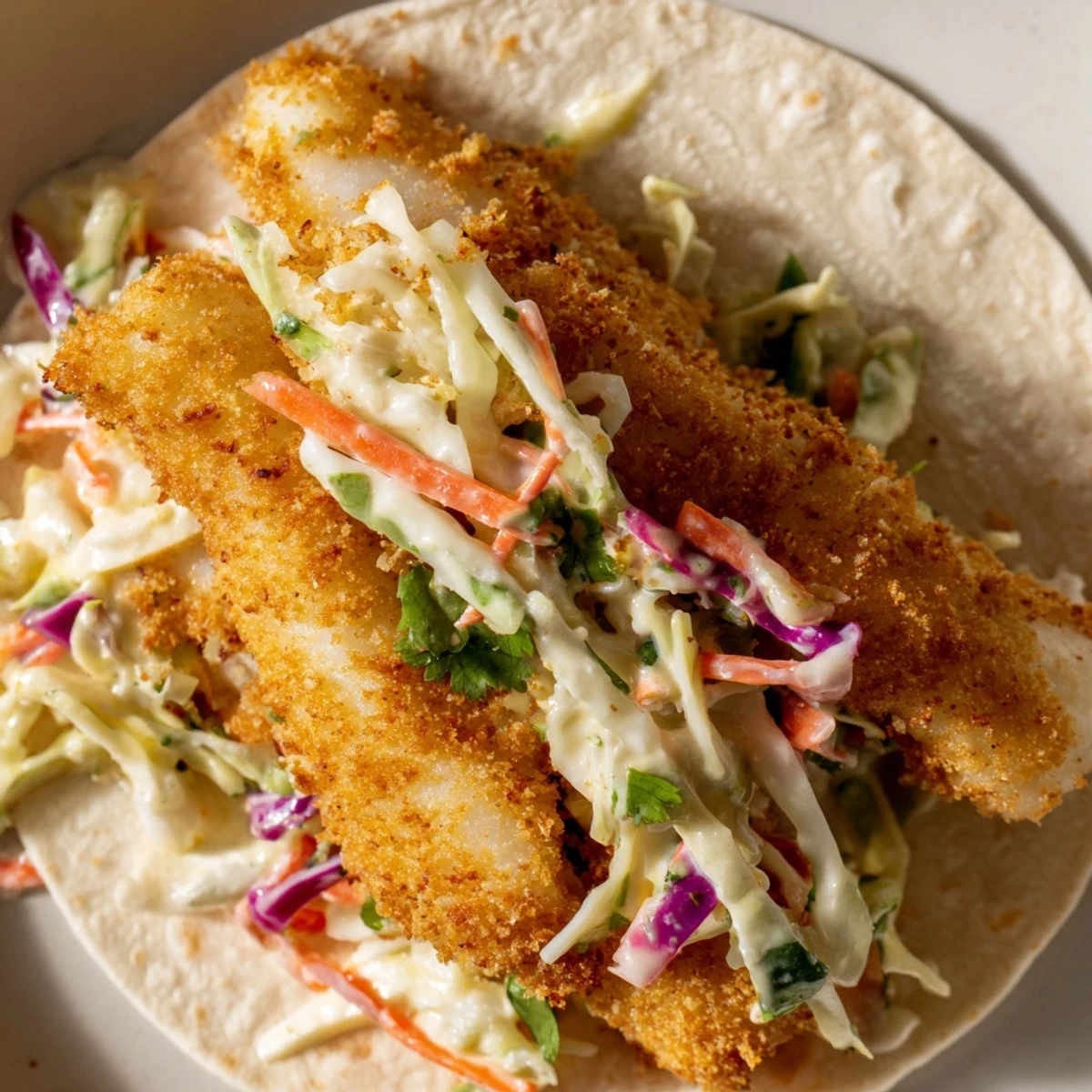 Plated Crispy Fish Tacos With Cilantro Lime Slaw garnished with jalapeños and lime wedges for a bright serving suggestion.