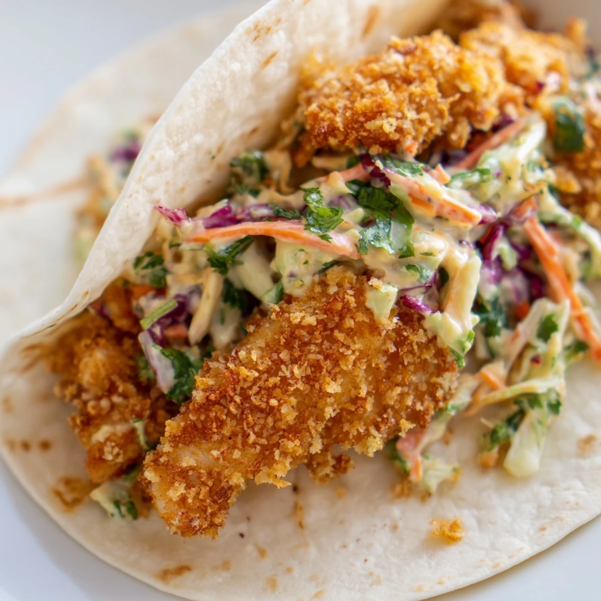 A close-up of Crispy Fish Tacos With Cilantro Lime Slaw showcasing crunchy panko coating and fresh, zesty toppings.  