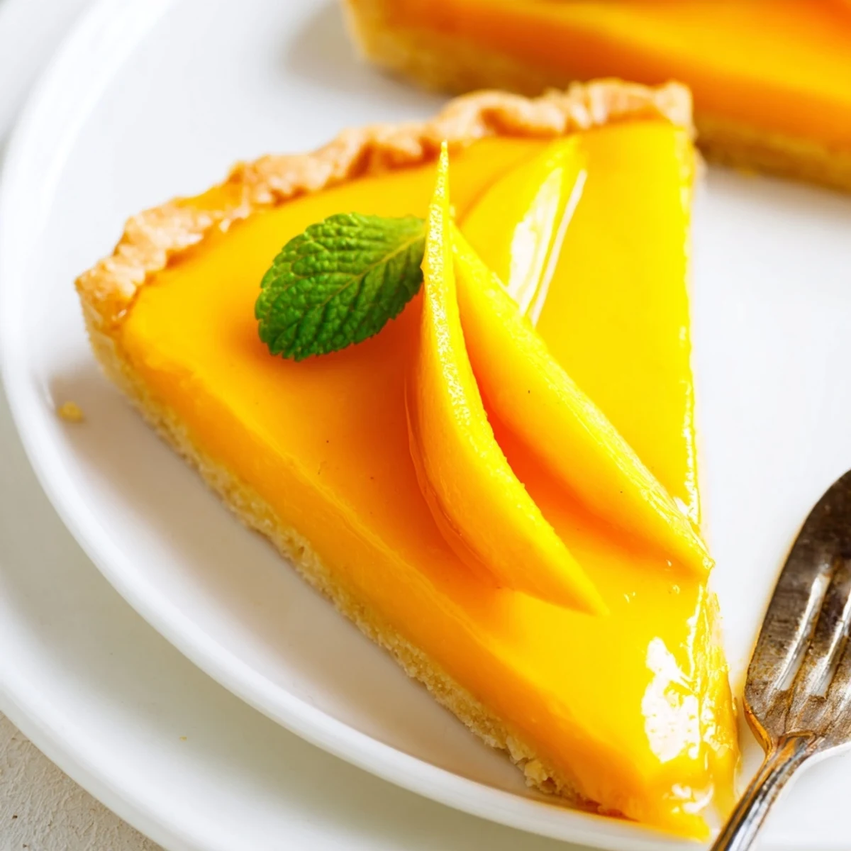 Golden Mango Curd Tart sliced on a white plate, topped with fresh mango slices and edible flowers.