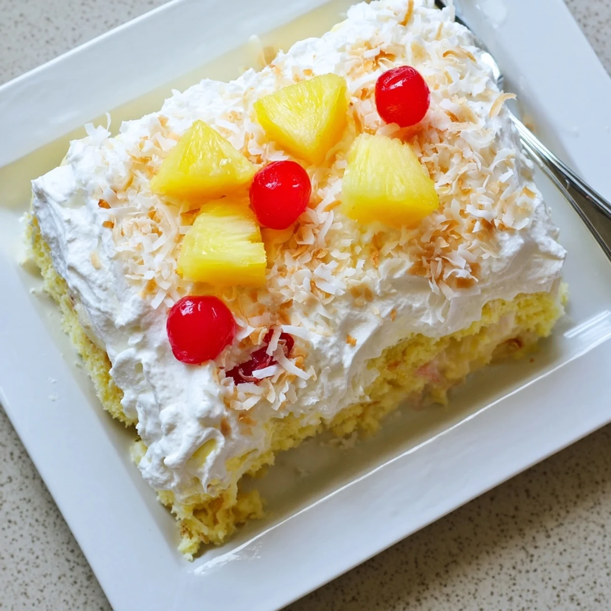 A slice of Hawaiian Poke Cake with toasted coconut, creamy filling, and fresh pineapple garnish on a plate.