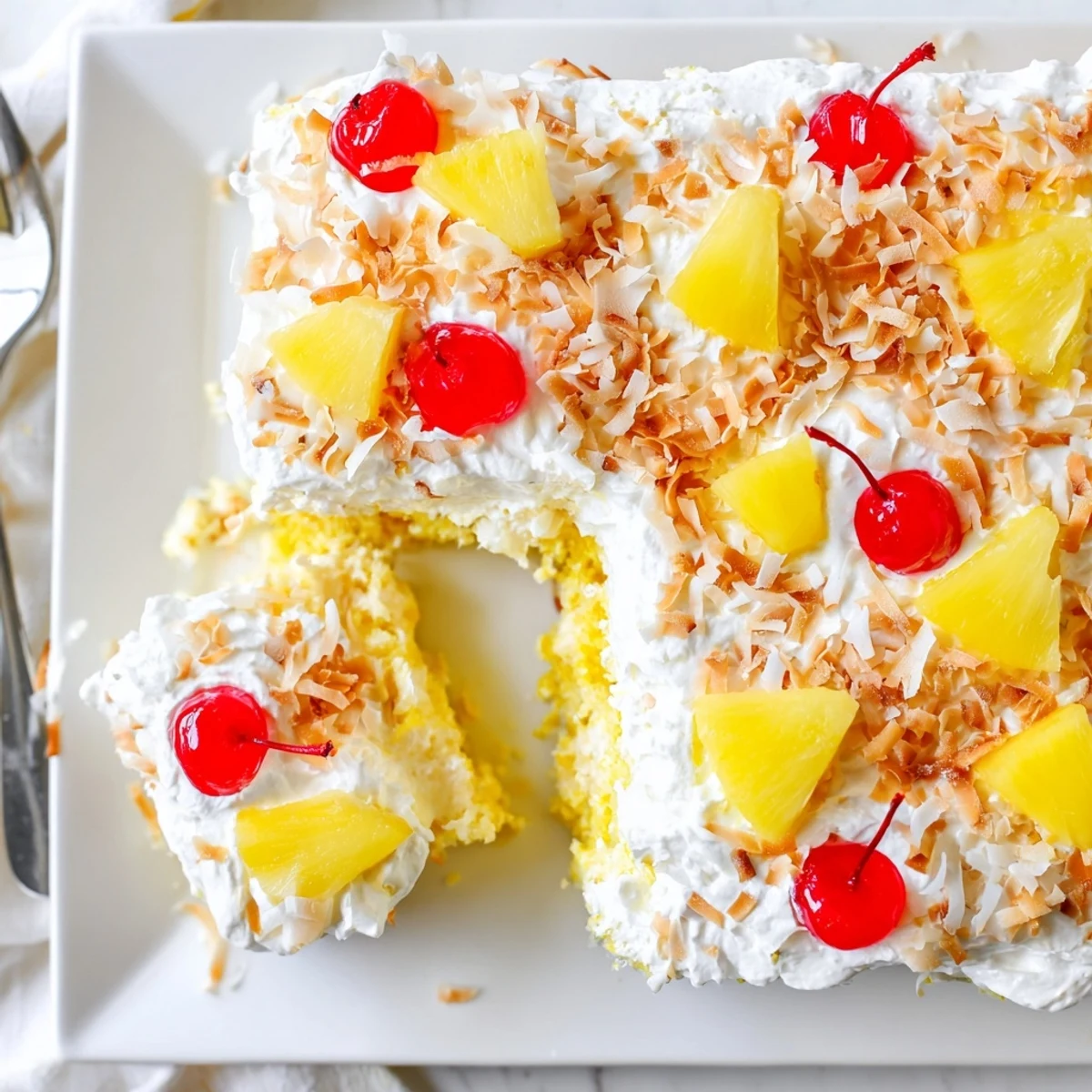 Golden Hawaiian Poke Cake topped with pineapple chunks and coconut, ready to serve at a summer gathering.