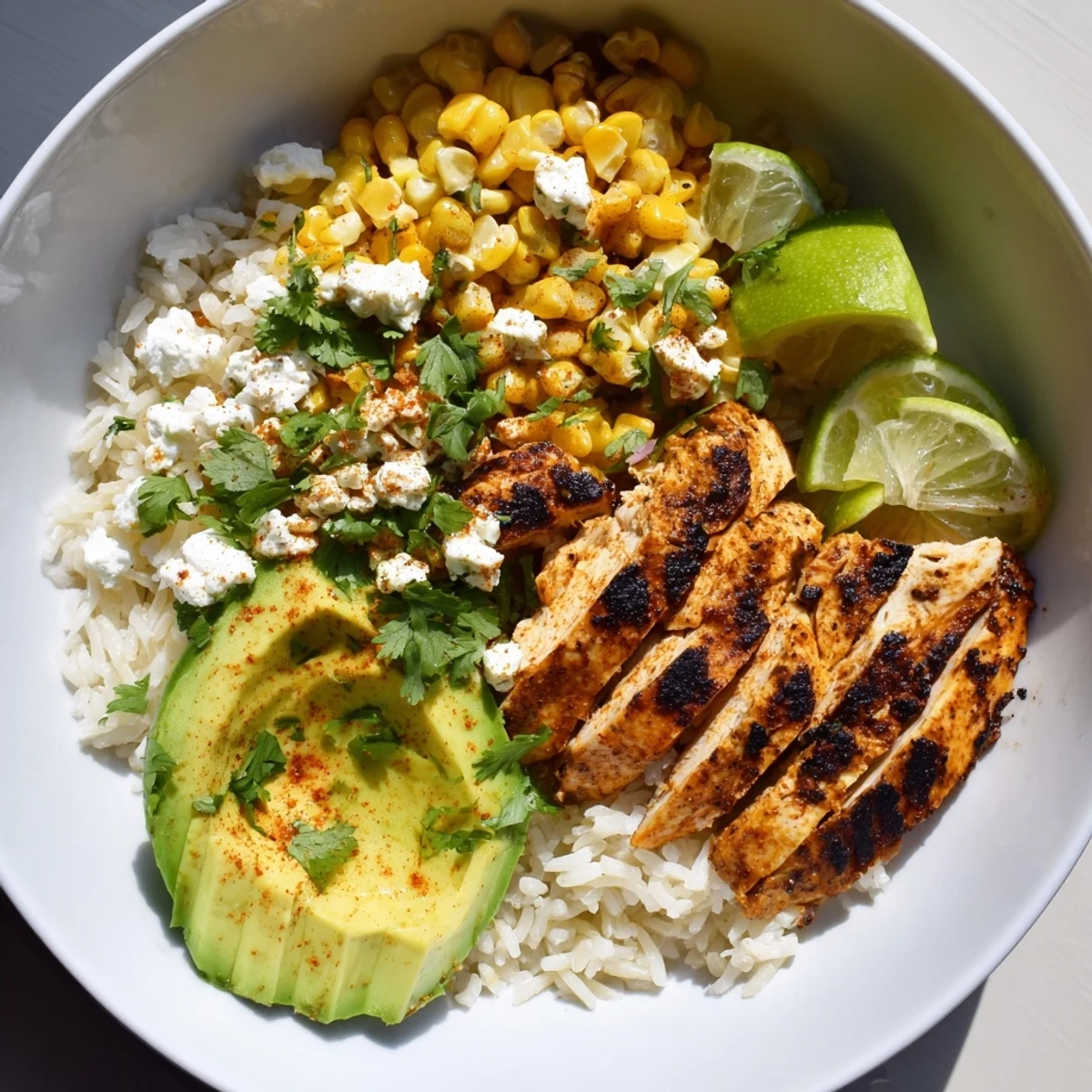 Grilled chicken, fluffy rice, and zesty street corn create a vibrant Street Corn Chicken Rice Bowl topped with avocado.  
