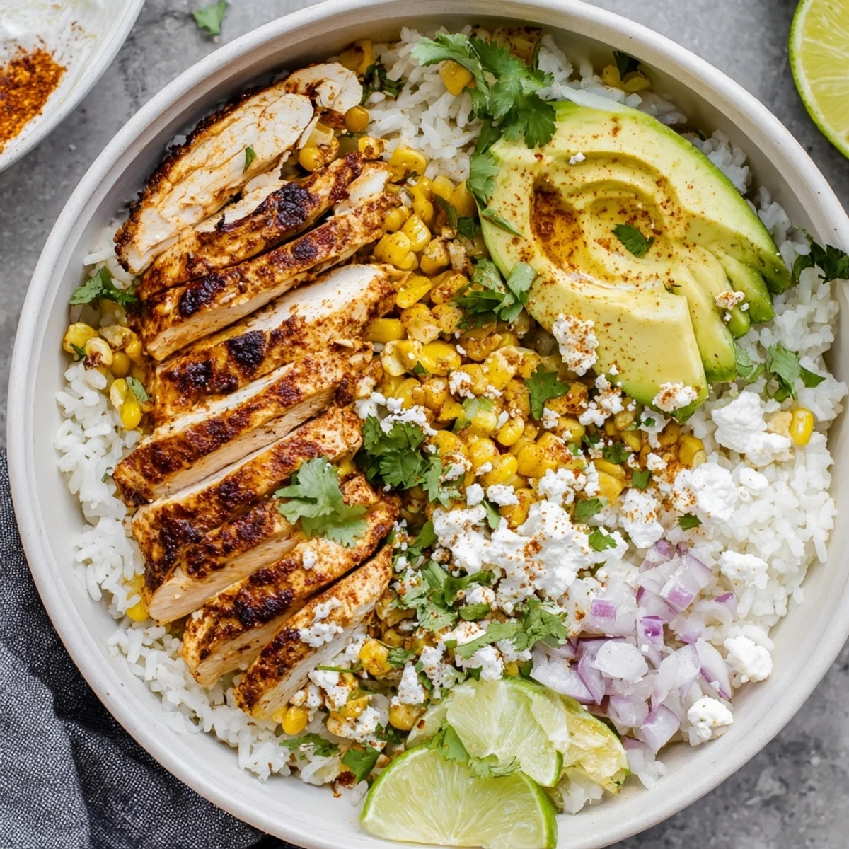 Sliced avocado and red onion add color to a warm Street Corn Chicken Rice Bowl served with lime wedges.