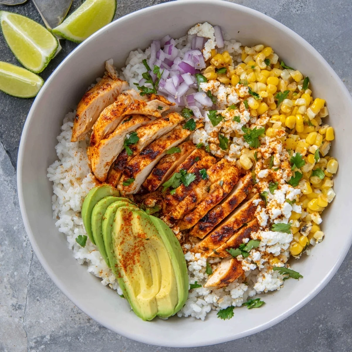 A close-up of a Street Corn Chicken Rice Bowl with juicy chicken, charred corn, and fresh cilantro garnish.  
