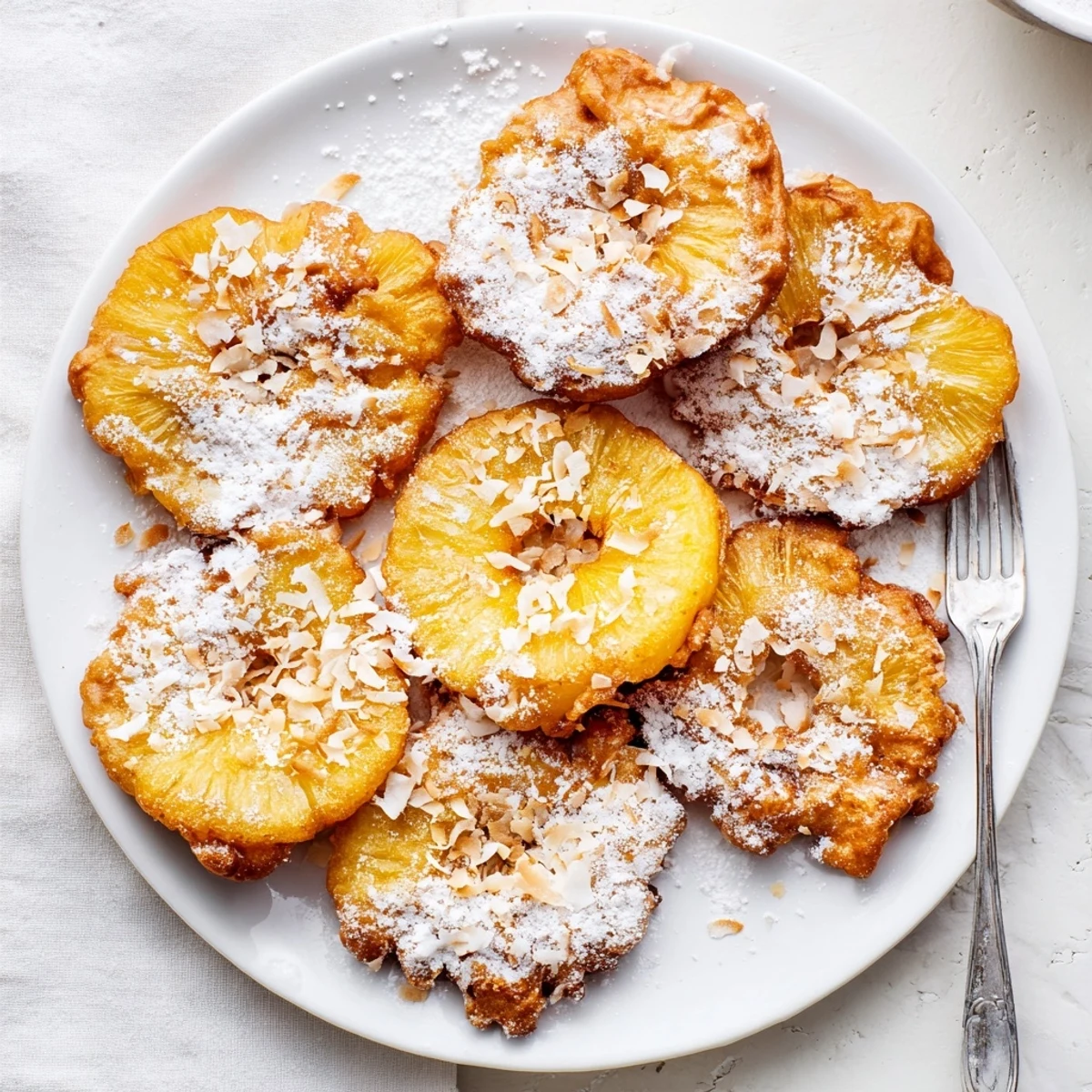 Golden Heavenly Pineapple Fritters on a plate, dusted with powdered sugar and toasted coconut flakes for a tropical snack.