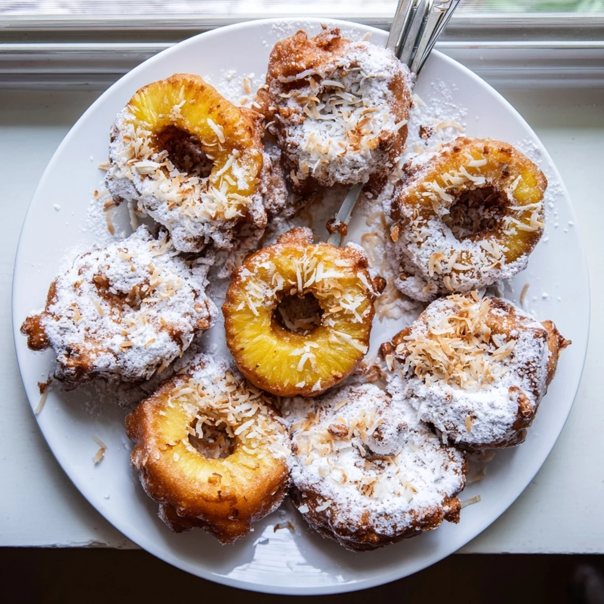 Warm Heavenly Pineapple Fritters with crispy edges, served beside a scoop of vanilla ice cream on a wooden table.