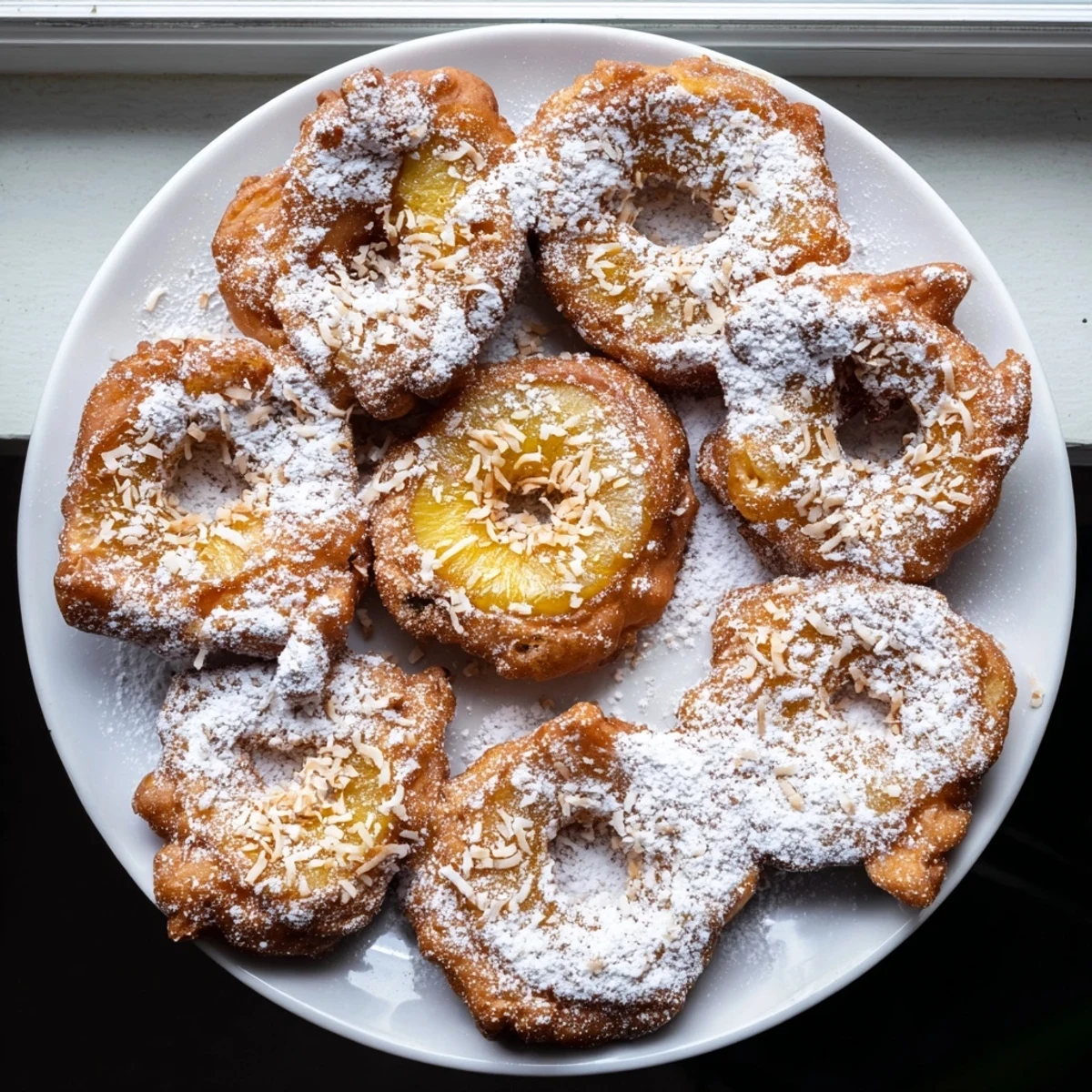 Sweet Heavenly Pineapple Fritters topped with powdered sugar, glowing golden in afternoon light for a perfect dessert bite.