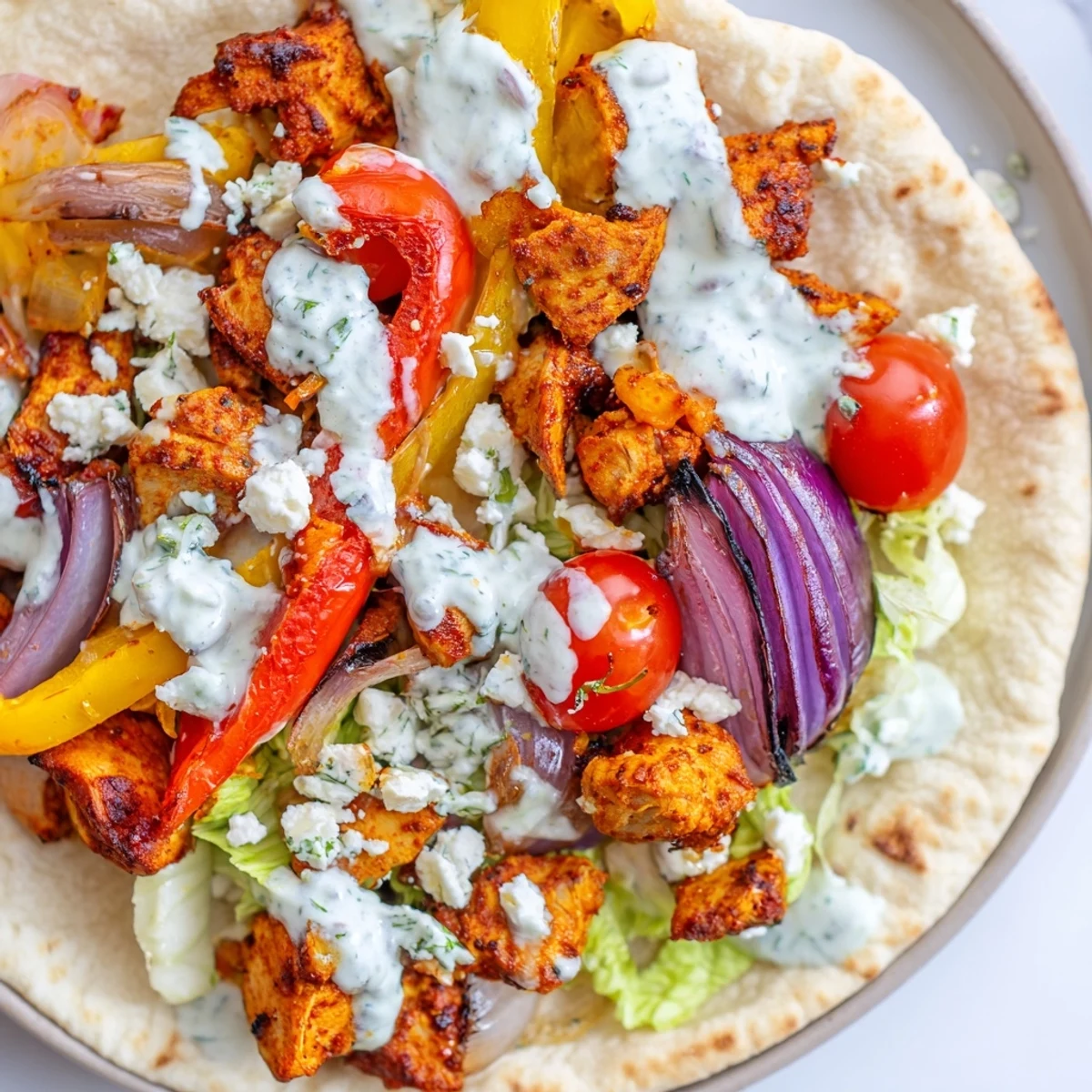 Close-up of Sheet Pan Chicken Pitas with Herby Ranch, featuring crumbled feta and colorful roasted vegetables on a platter.