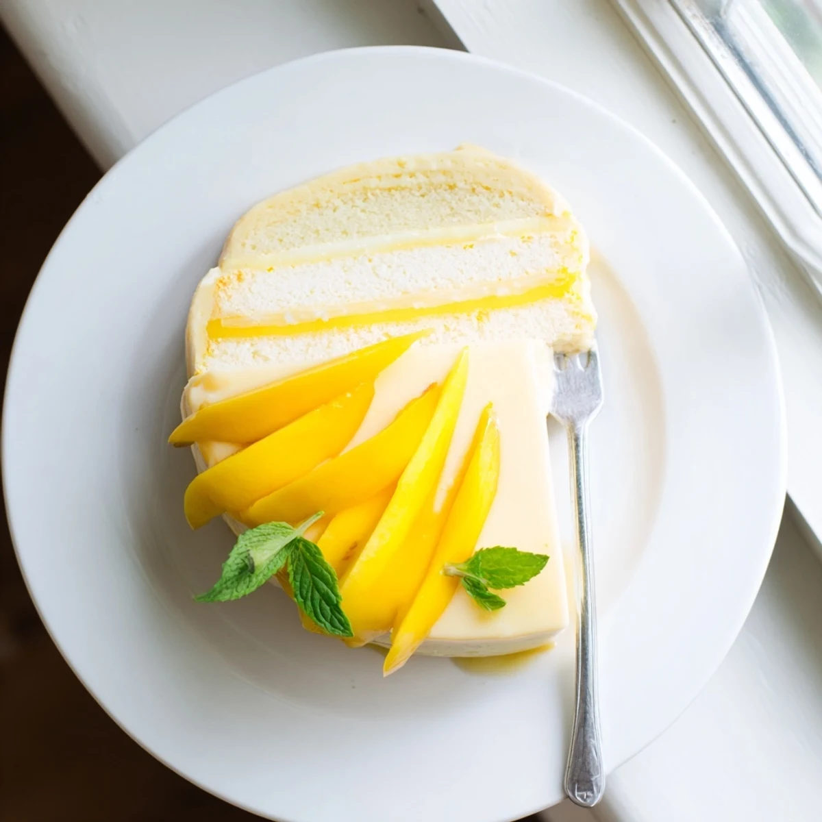 A slice of Mango Mousse Cake reveals a fluffy mousse layer and tender sponge on a white plate.