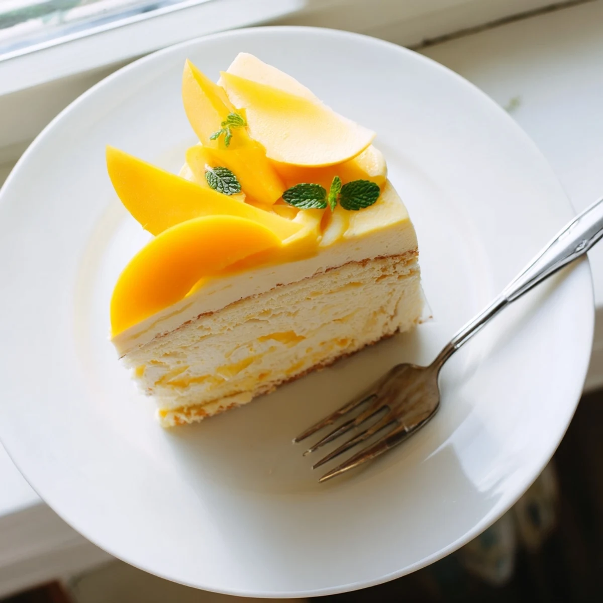 Summer dessert of Mango Mousse Cake with fresh mango slices and mint, ready to serve chilled.