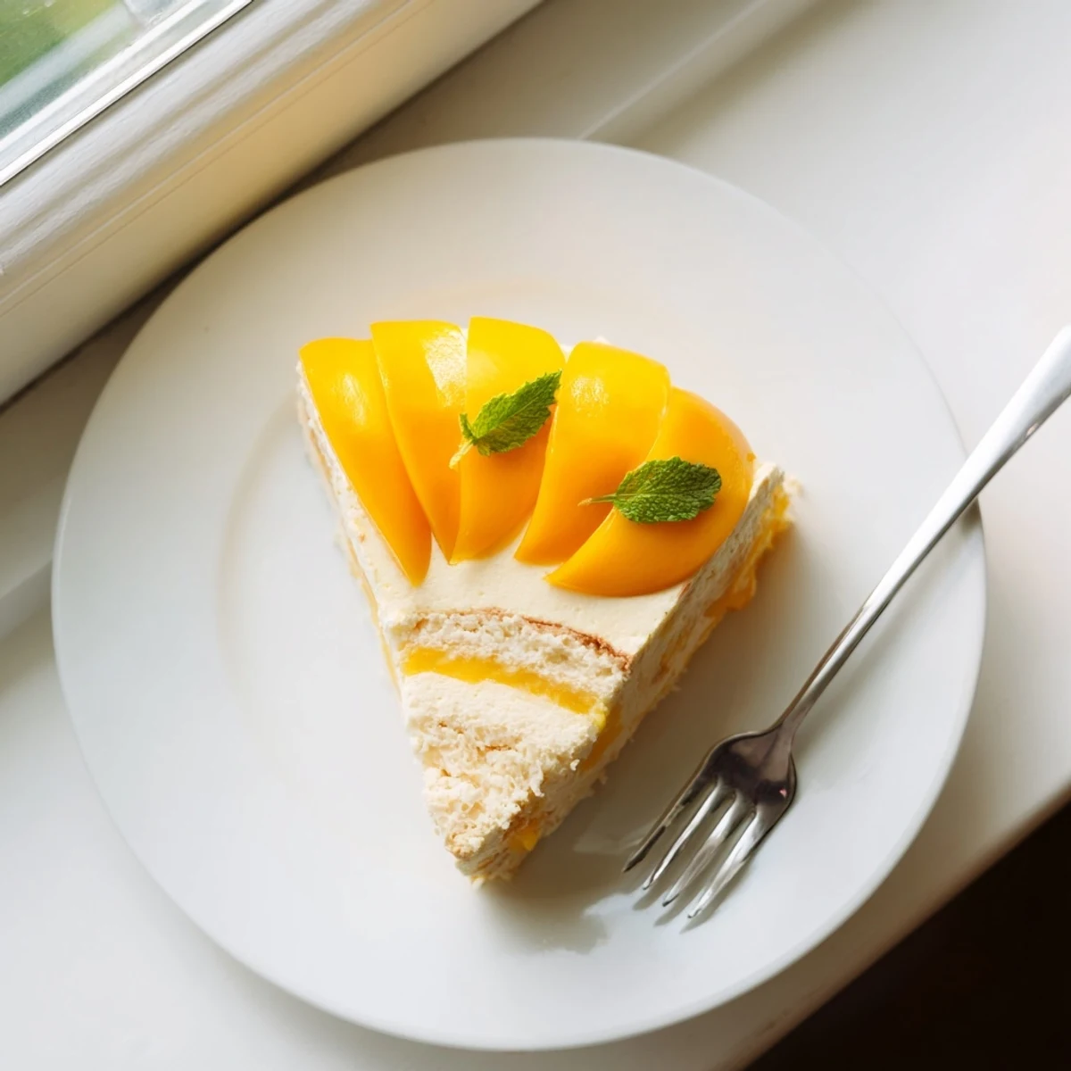Overhead view of glossy Mango Mousse Cake topped with mango glaze, perfect for warm weather celebrations.