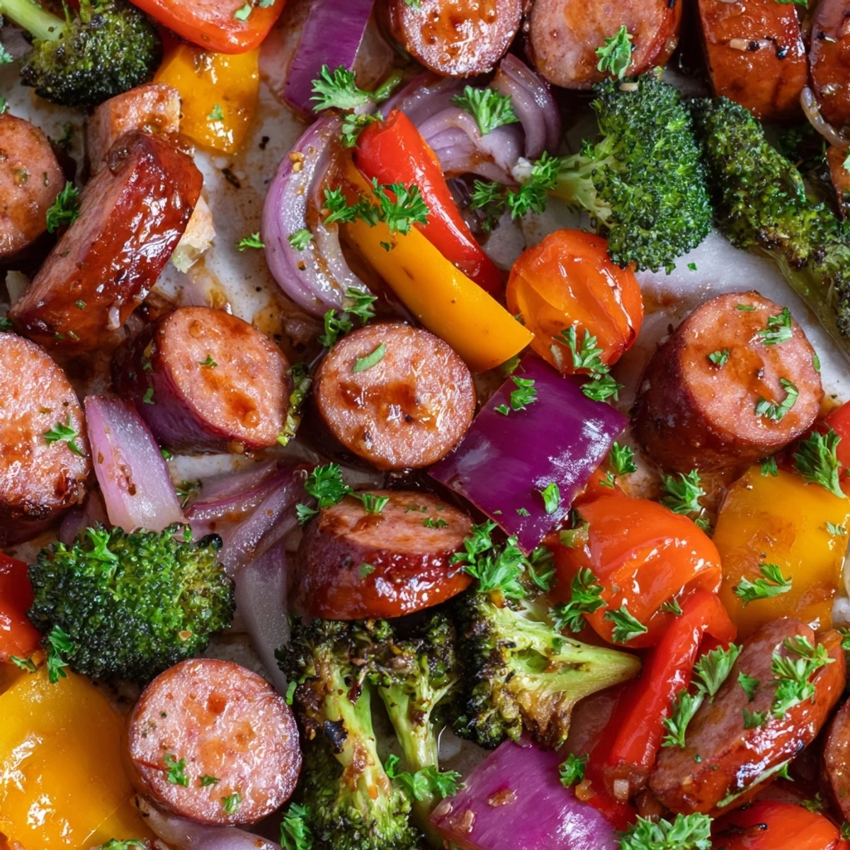 Family-style One Pan Honey Garlic Kielbasa & Veggies served hot from the oven with cherry tomatoes, carrots, and fresh parsley.