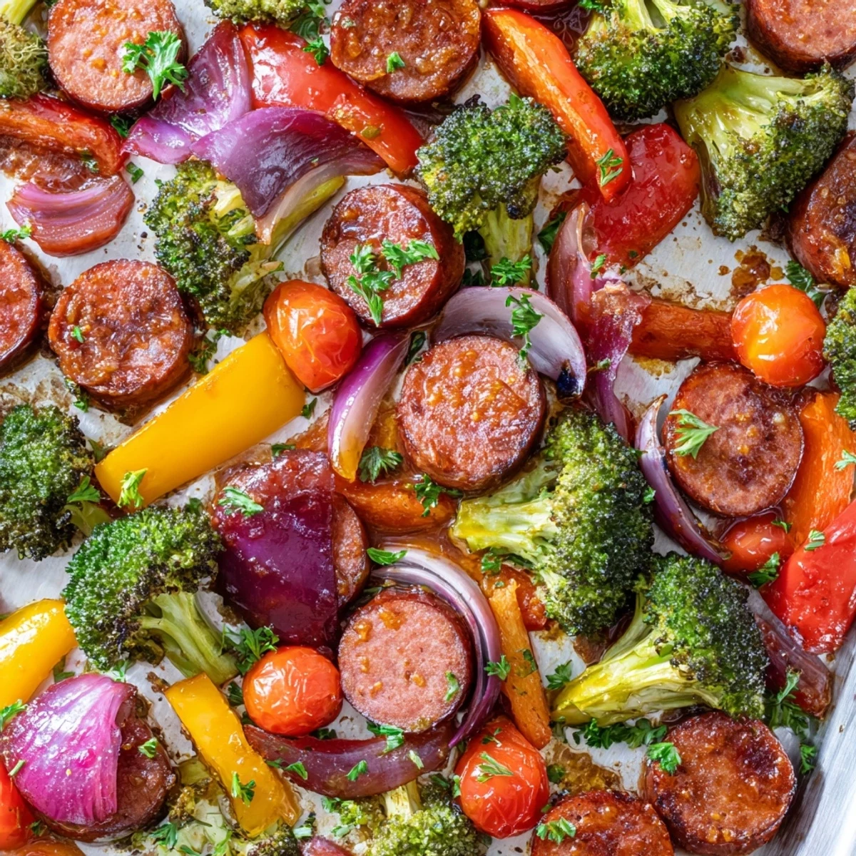 Sheet pan of One Pan Honey Garlic Kielbasa & Veggies with roasted broccoli, peppers, and onions glistening under a sweet-savory glaze.