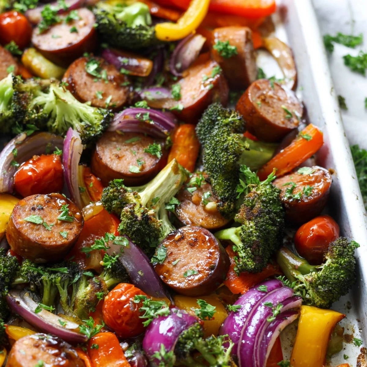 Close-up of One Pan Honey Garlic Kielbasa & Veggies highlighting caramelized edges, tender vegetables, and a glossy honey garlic drizzle.