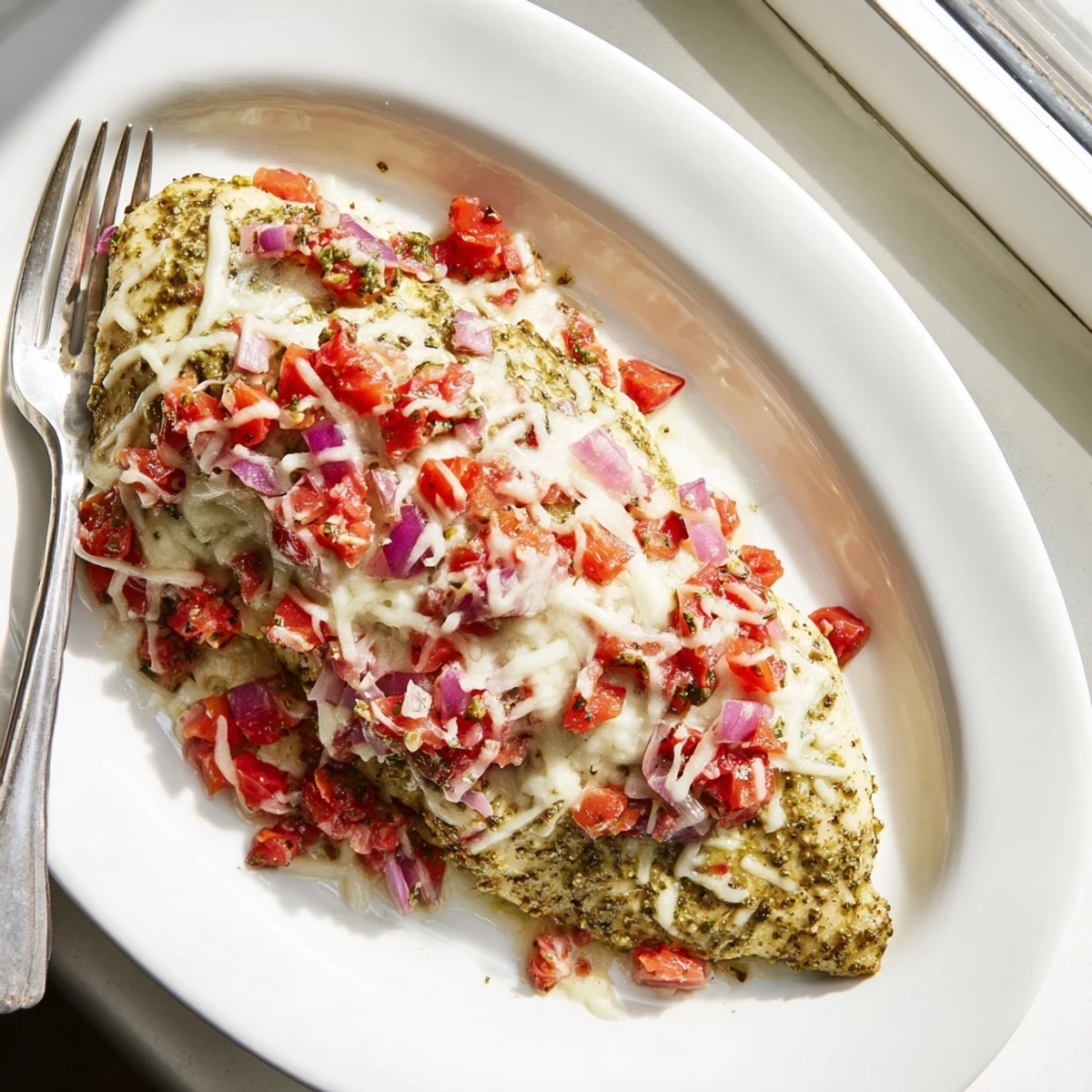 Golden-baked Pesto Bruschetta Chicken breasts topped with melted mozzarella and vibrant tomato bruschetta on a rustic plate.