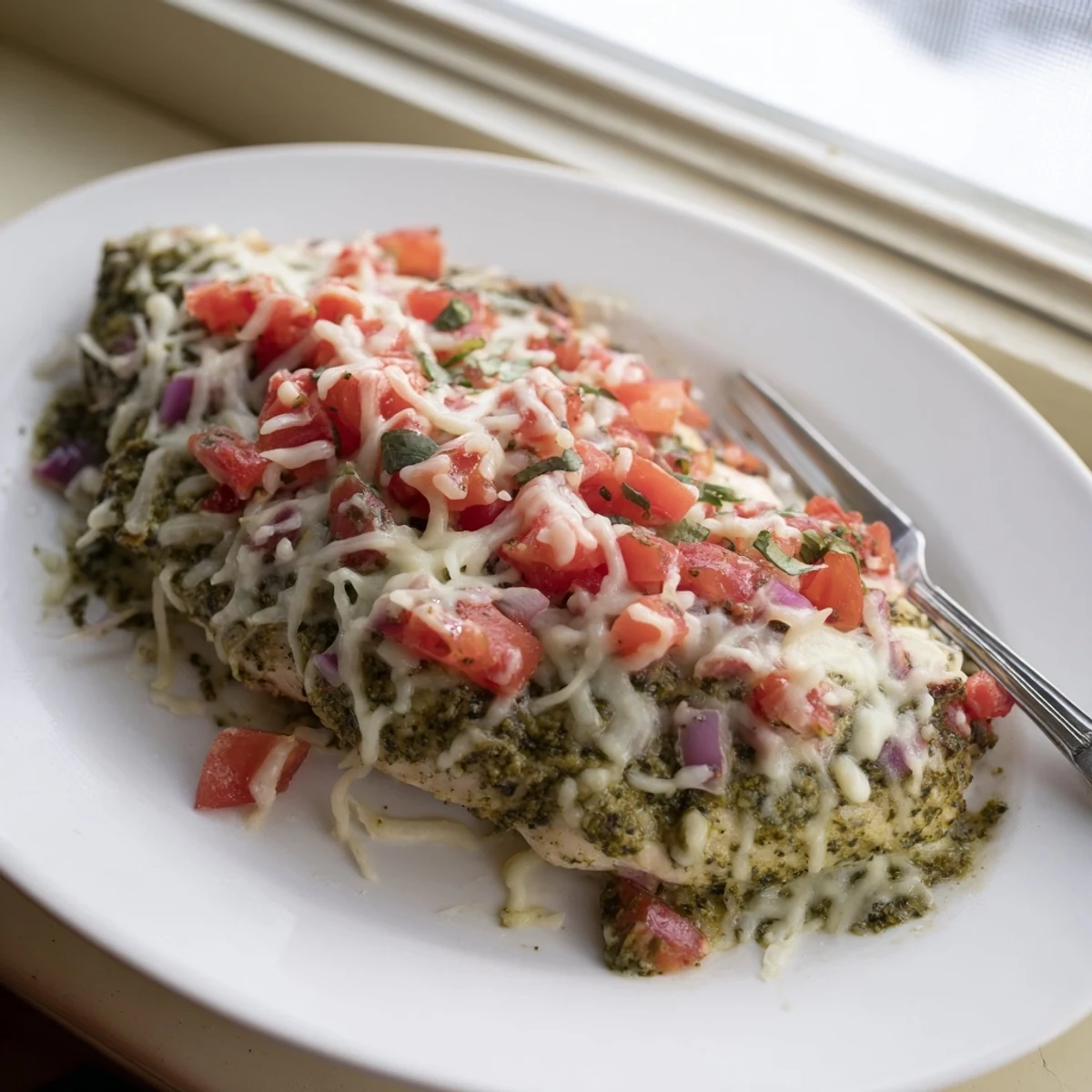 Sliced Pesto Bruschetta Chicken reveals juicy interior, fresh basil pesto, and melted cheese, perfect for a family dinner.