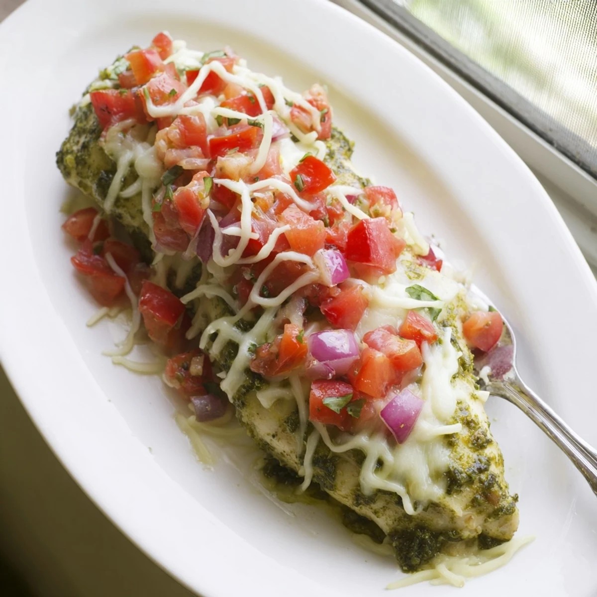 Plated Pesto Bruschetta Chicken served with extra bruschetta topping and a glass of crisp white wine nearby.