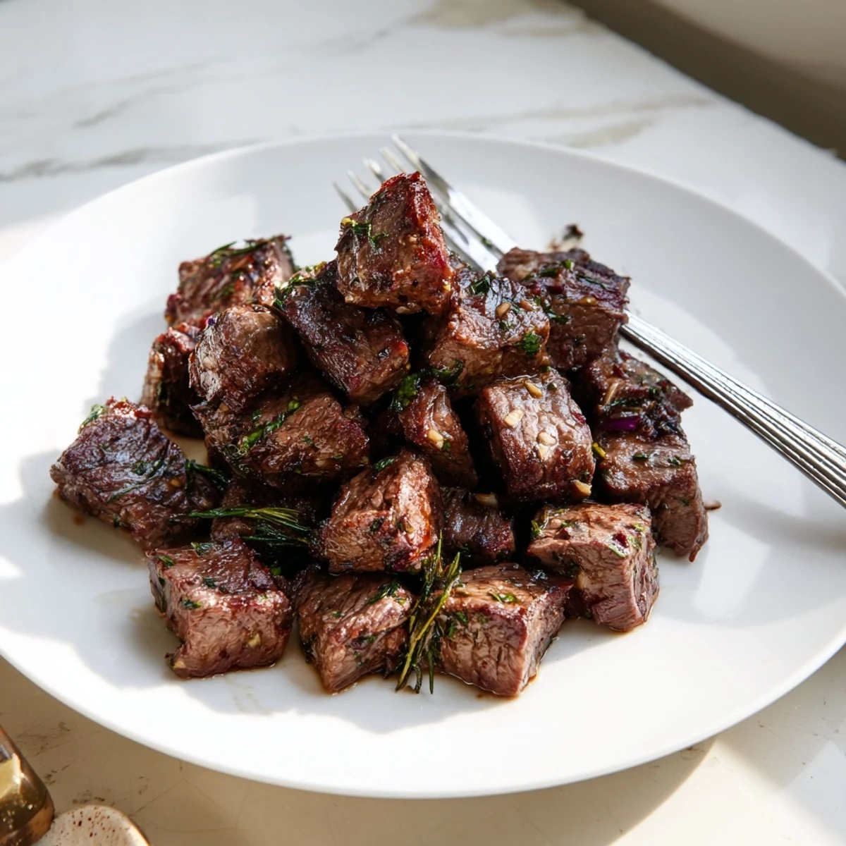 Golden garlic butter steak bites seared in a skillet with fresh parsley garnish