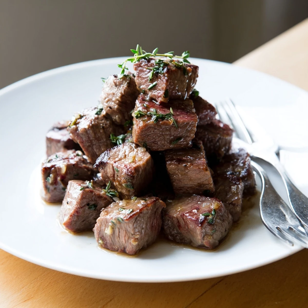 Savory steak bites cooked to perfection with glistening garlic butter coating and herbs