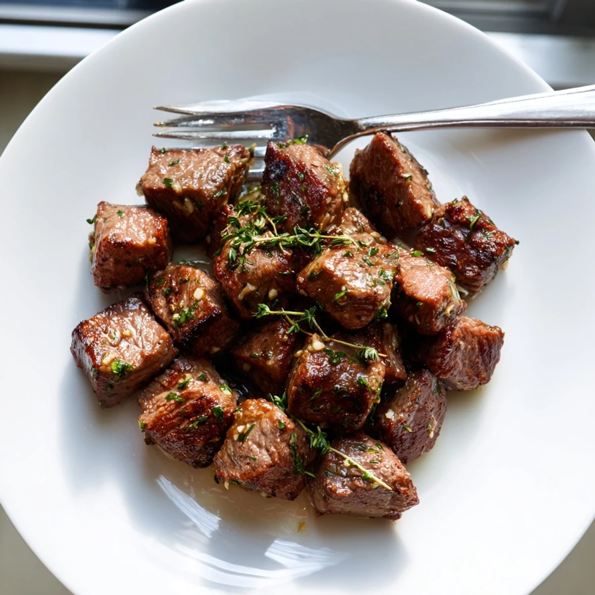Tender cubed steak tossed in rich melted garlic butter sauce on a white plate