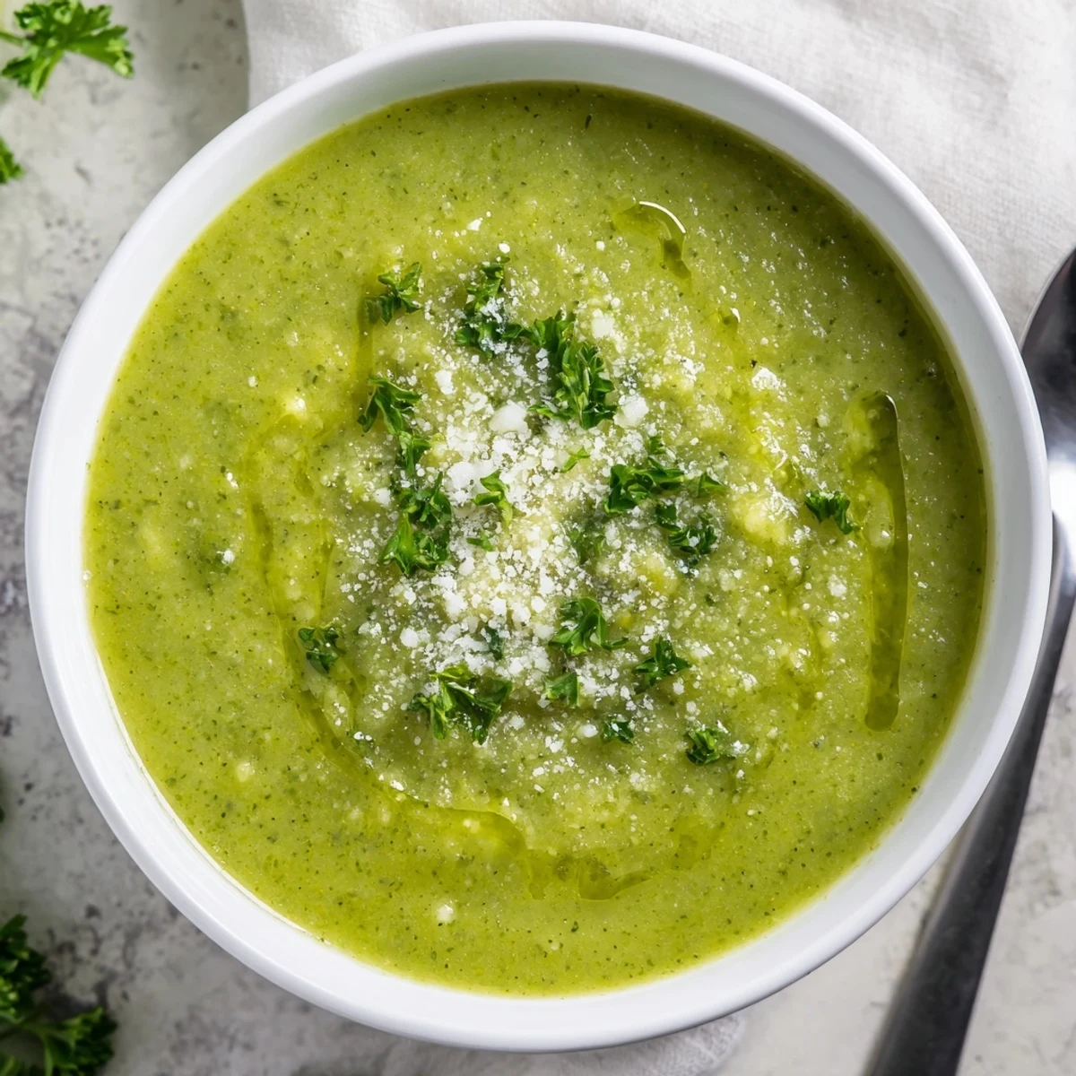 Velvety green Italian broccoli soup drizzled with olive oil and served with crusty bread for dinner