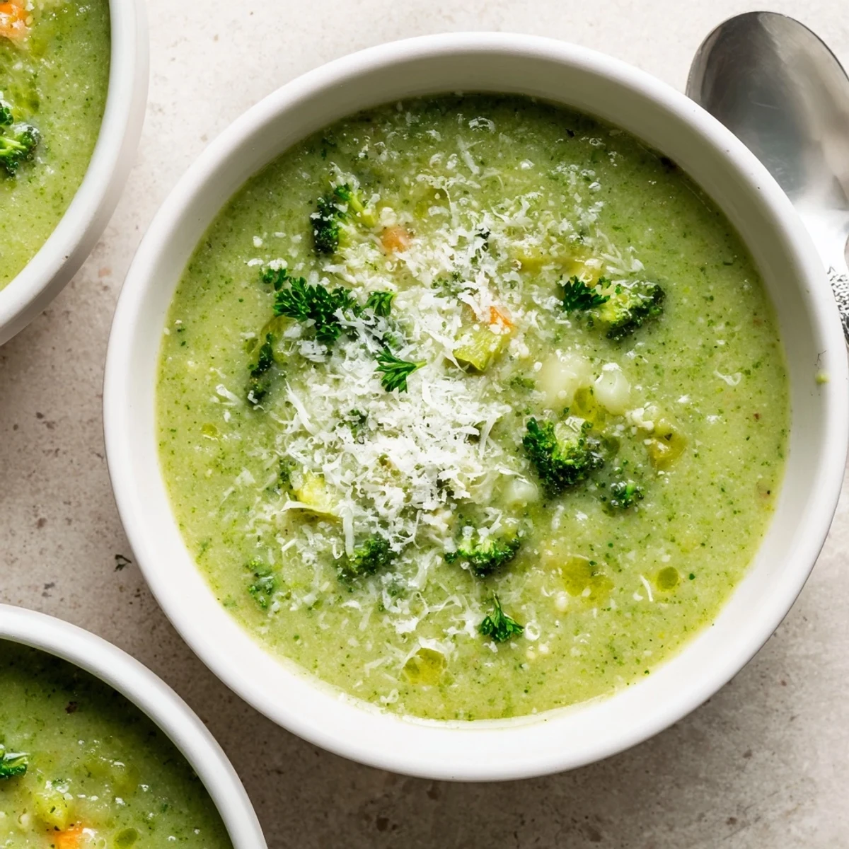 Creamy homemade Italian broccoli soup garnished with grated Parmesan and fresh herbs in a white bowl