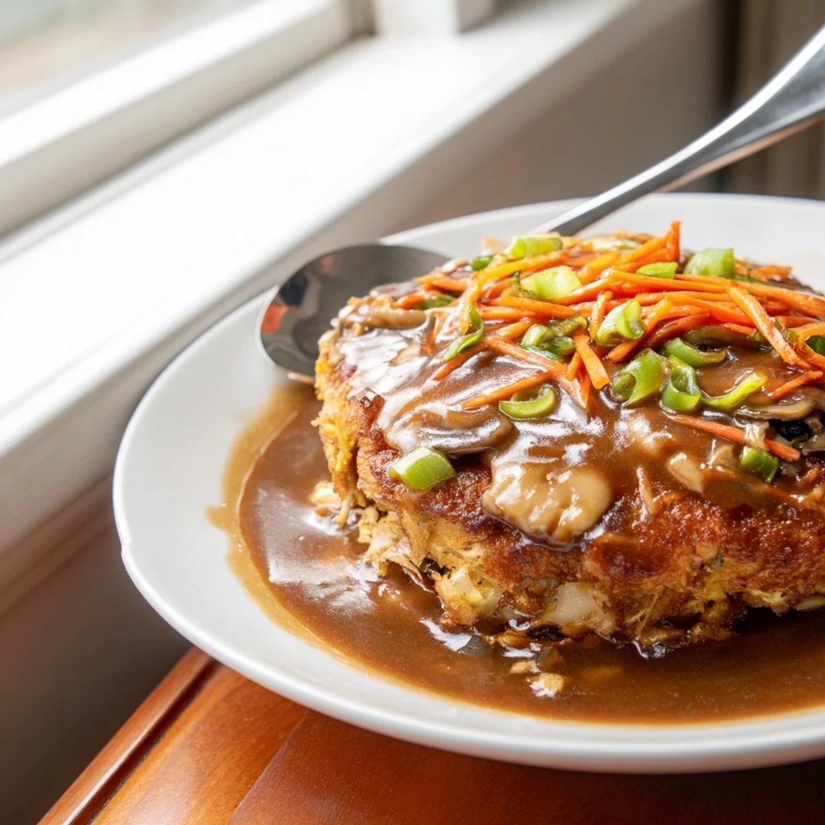 Golden brown crispy Egg Foo Young patties drizzled with savory brown gravy on a white plate
