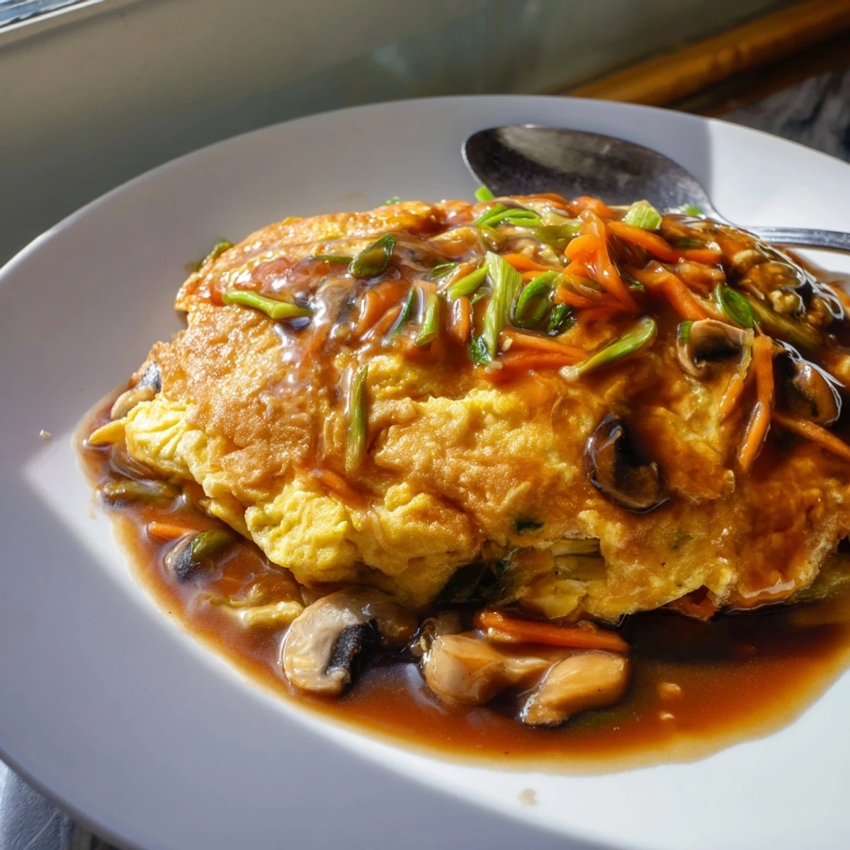 Close-up of crispy Egg Foo Young served hot with rich brown sauce and steamed white rice