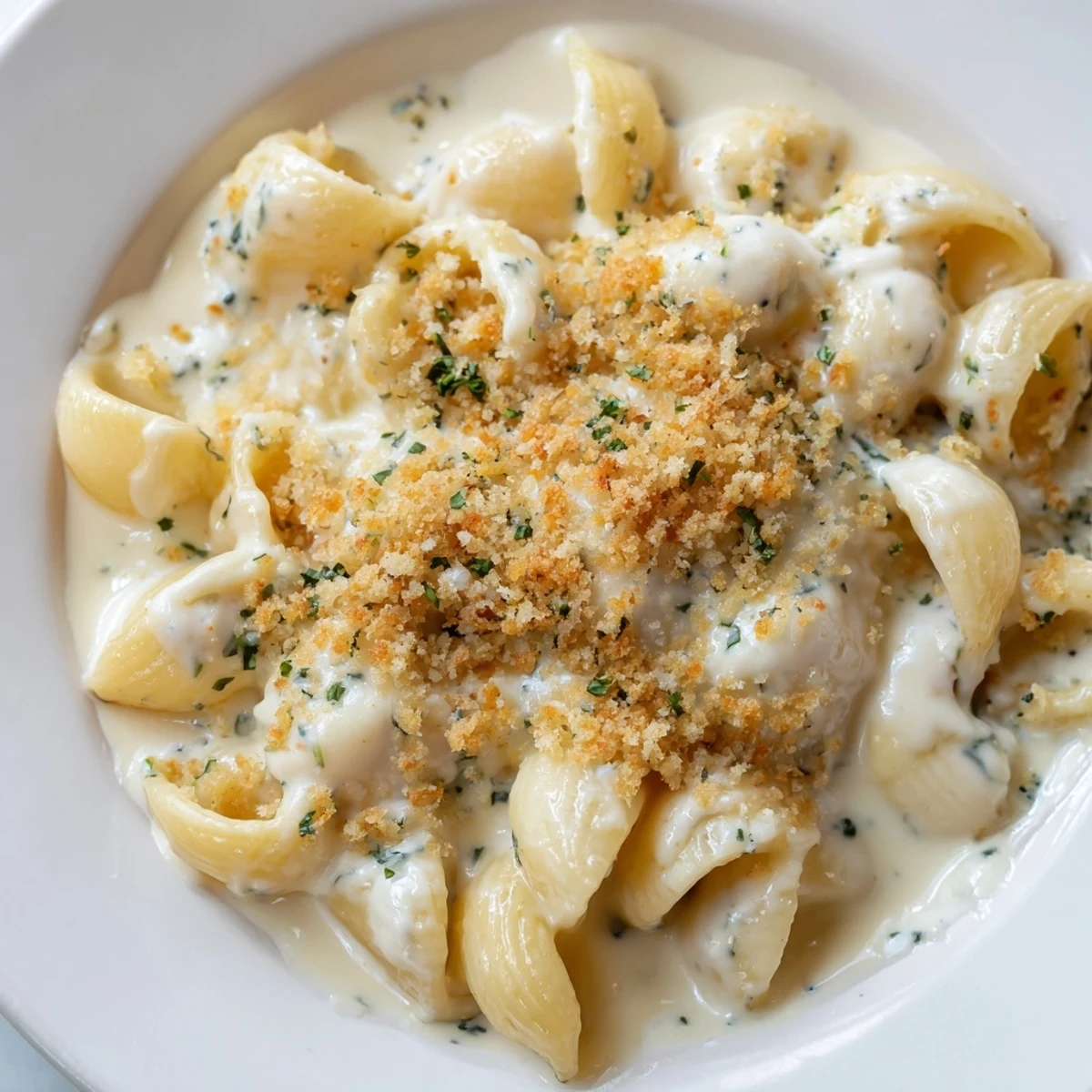 Creamy Boursin mac and cheese topped with golden buttery panko breadcrumbs in a white baking dish